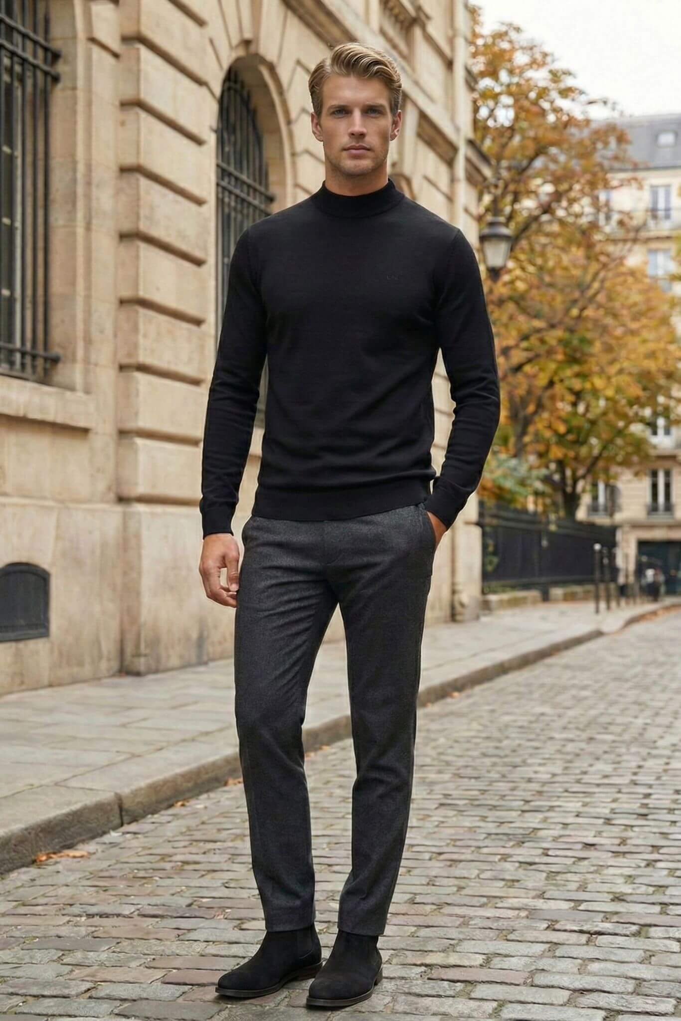 Man wearing a black turtleneck sweater and gray pants standing on a street.