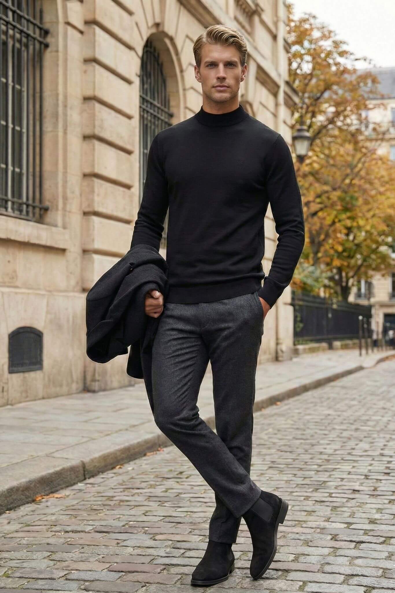 Man in black turtleneck and gray pants standing on a street with a building and trees in the background.