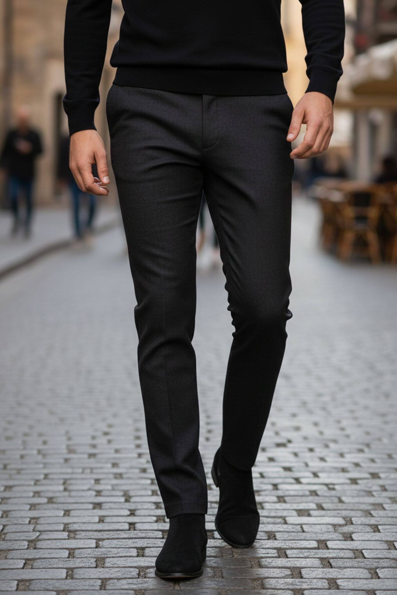 Person wearing black pants and shoes on a cobblestone street
