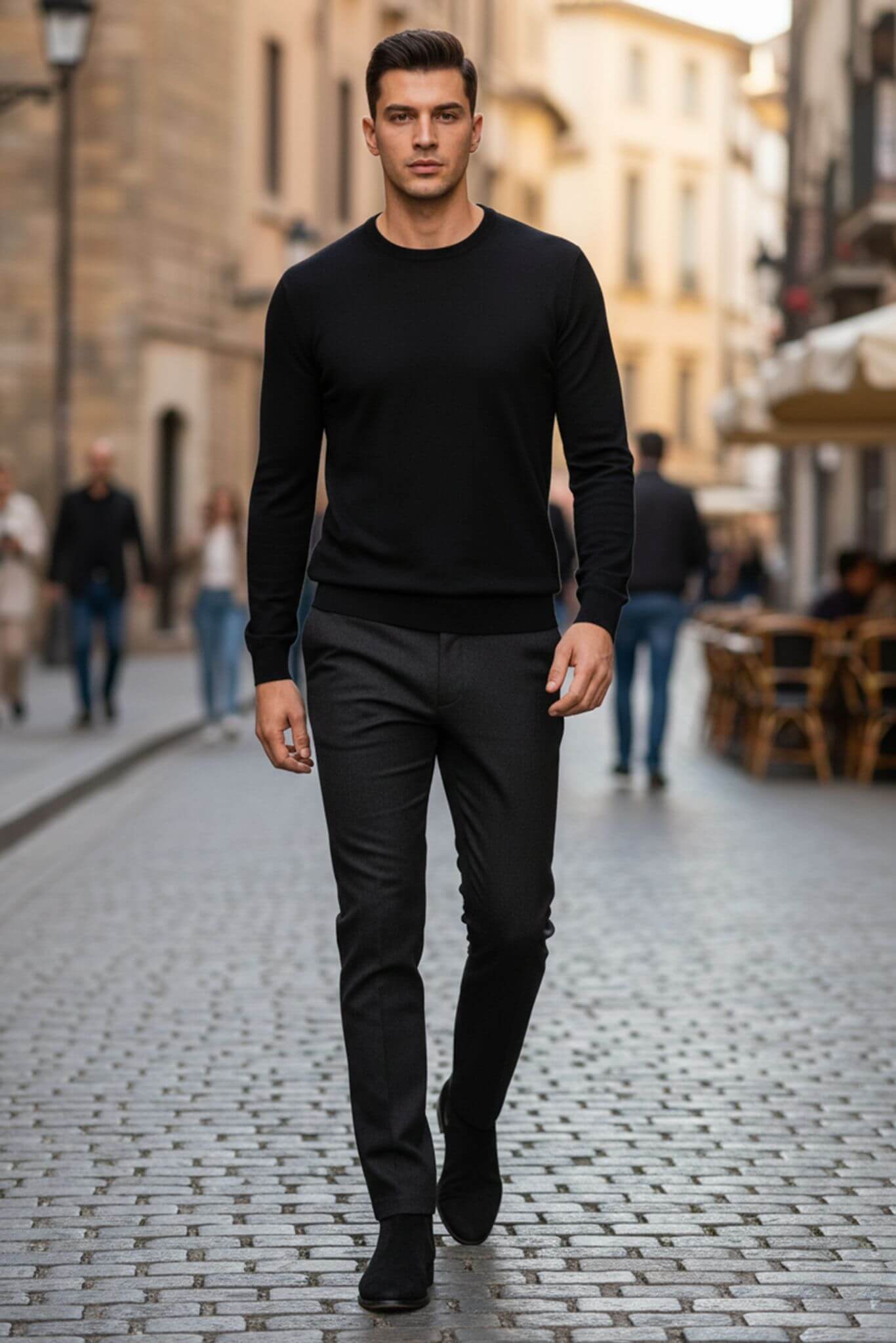 Man in black outfit walking on a street with buildings and people in the background