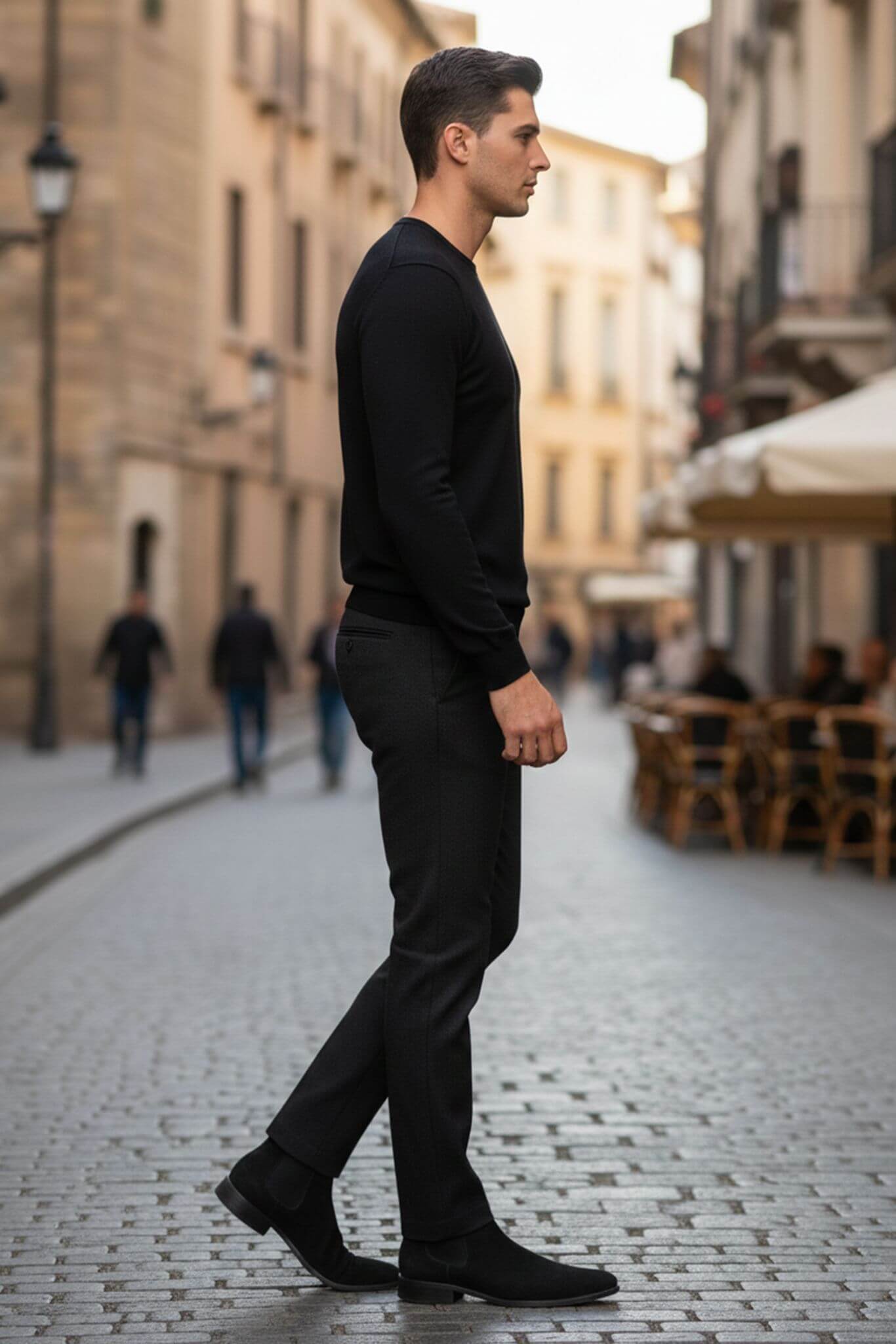 Man in black outfit walking on a street with buildings and people in the background