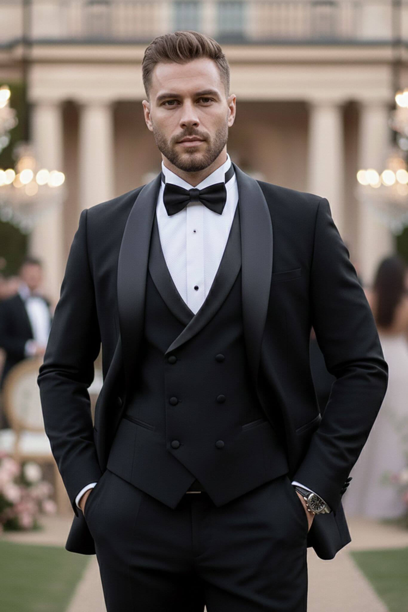 Man wearing a black tuxedo with a bow tie in an outdoor setting.