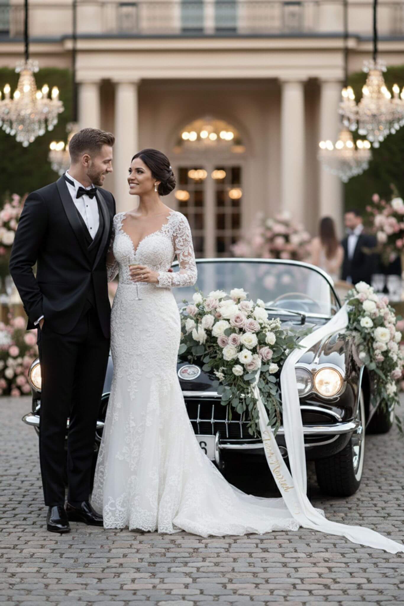 Wedding couple standing in front of a vintage car with floral decorations, in front of an elegant building.