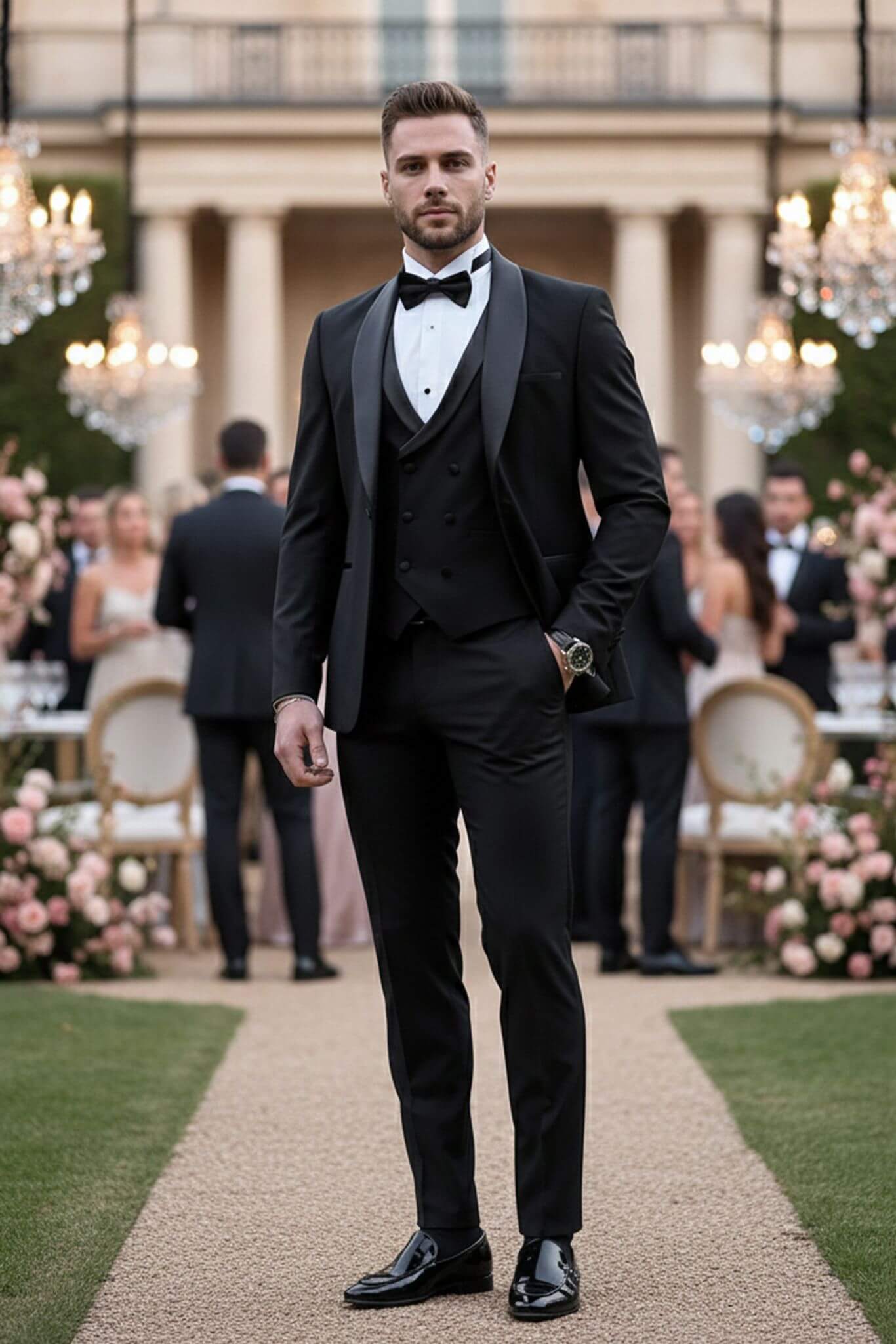 Man in a black tuxedo standing outdoors with chandeliers and people in the background