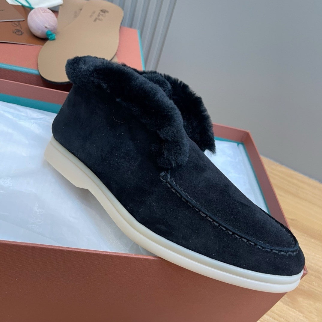 Loro Piana Open Walk Black Suede Shearling Boots