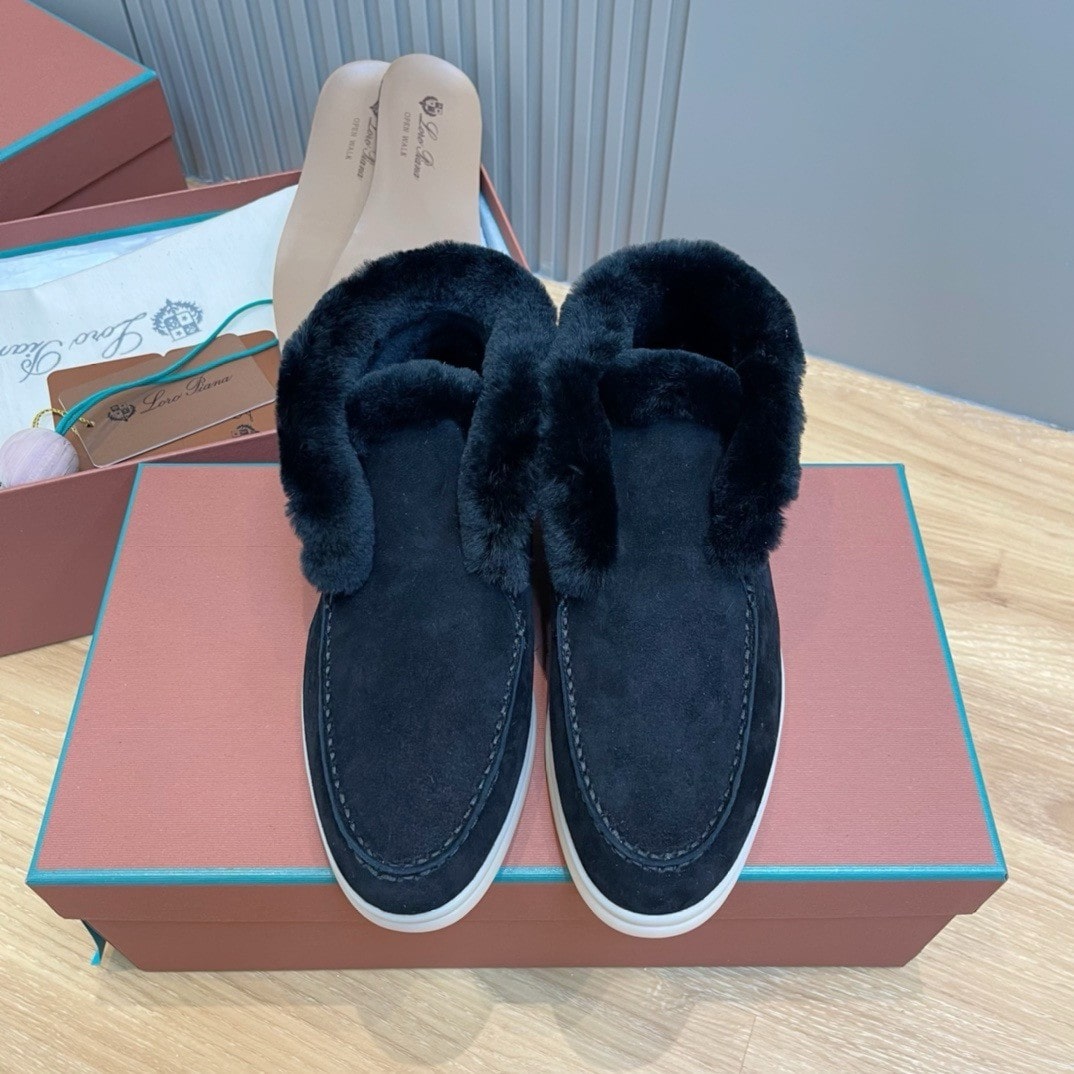 Loro Piana Open Walk Black Suede Shearling Boots