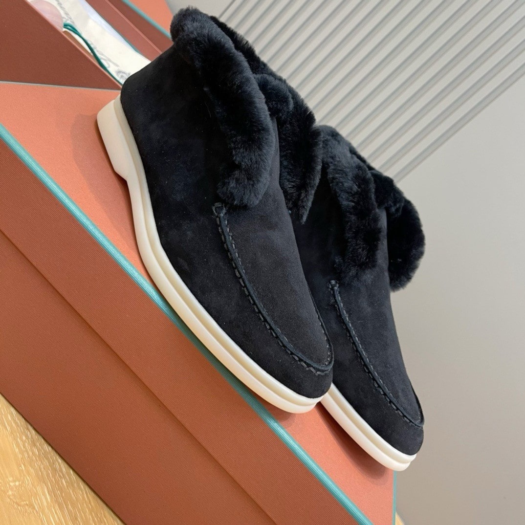 Loro Piana Open Walk Black Suede Shearling Boots