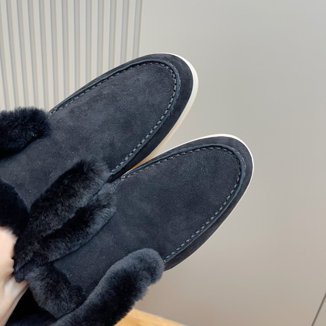 Loro Piana Open Walk Black Suede Shearling Boots