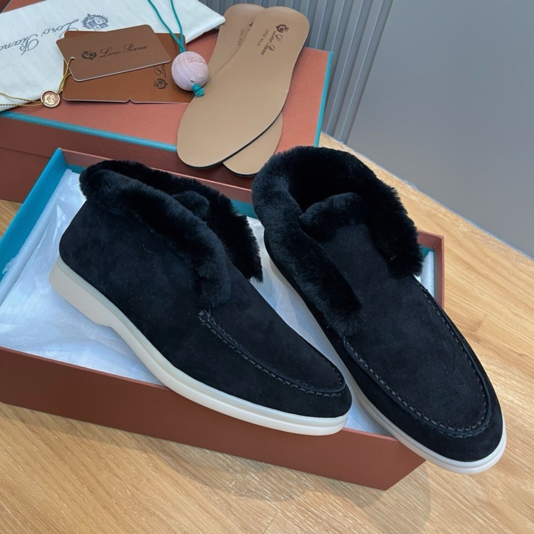 Loro Piana Open Walk Black Suede Shearling Boots