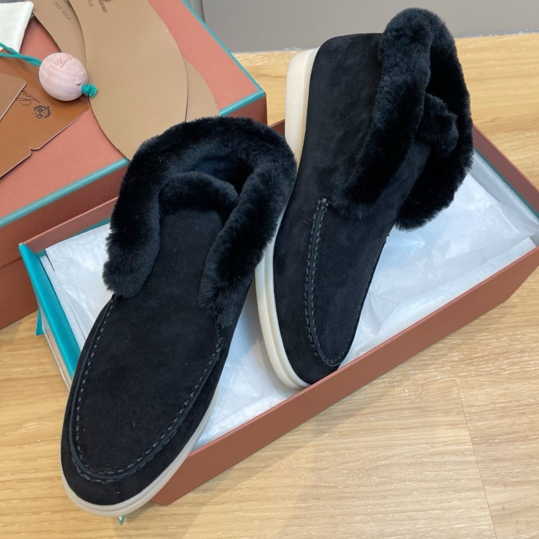 Loro Piana Open Walk Black Suede Shearling Boots