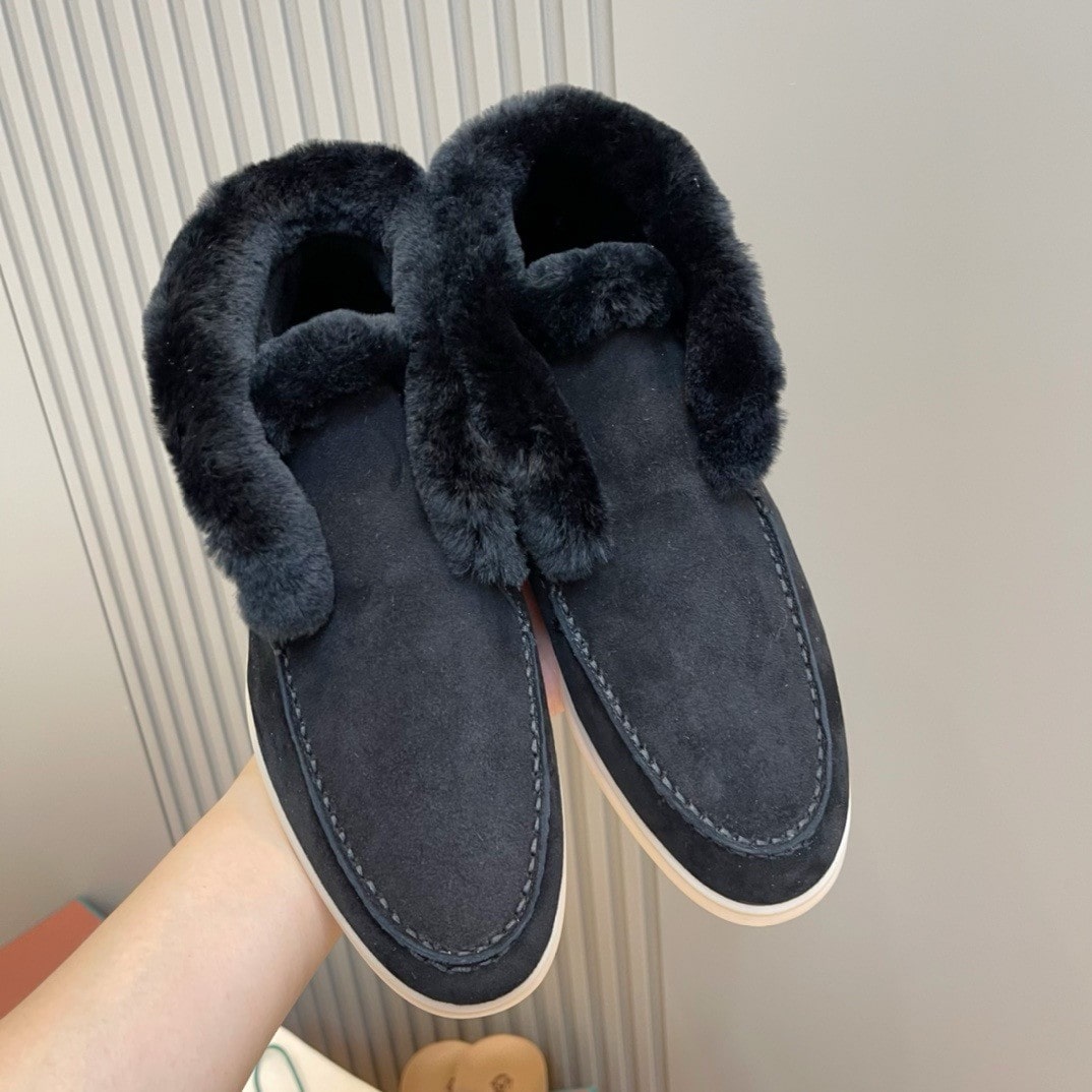 Loro Piana Open Walk Black Suede Shearling Boots