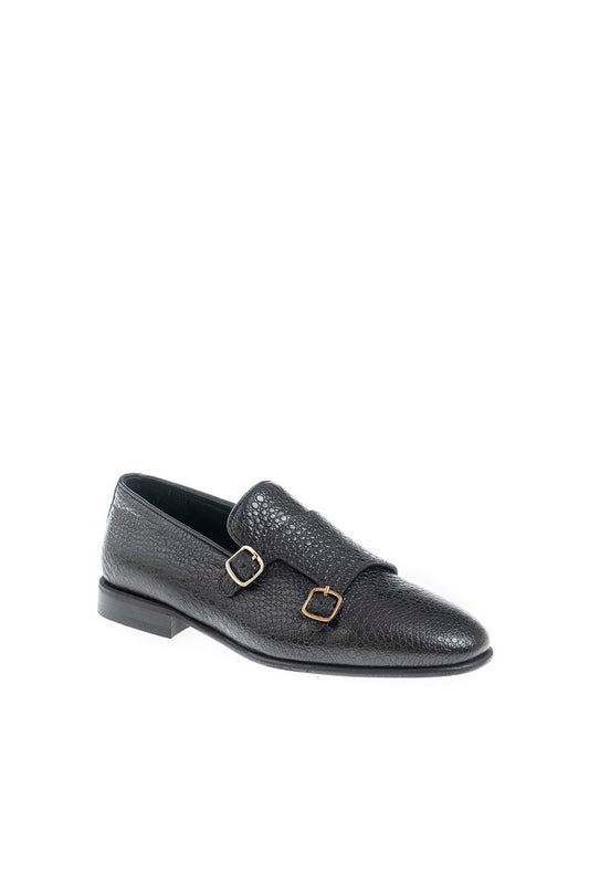 Black Textured Leather Double Monk Strap Loafers