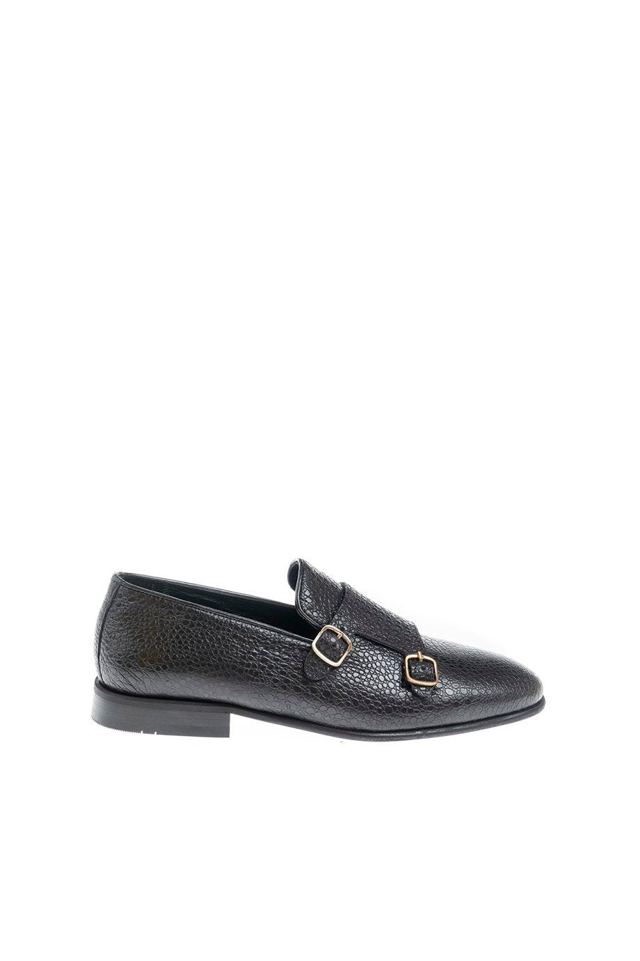 Black Textured Leather Double Monk Strap Loafers