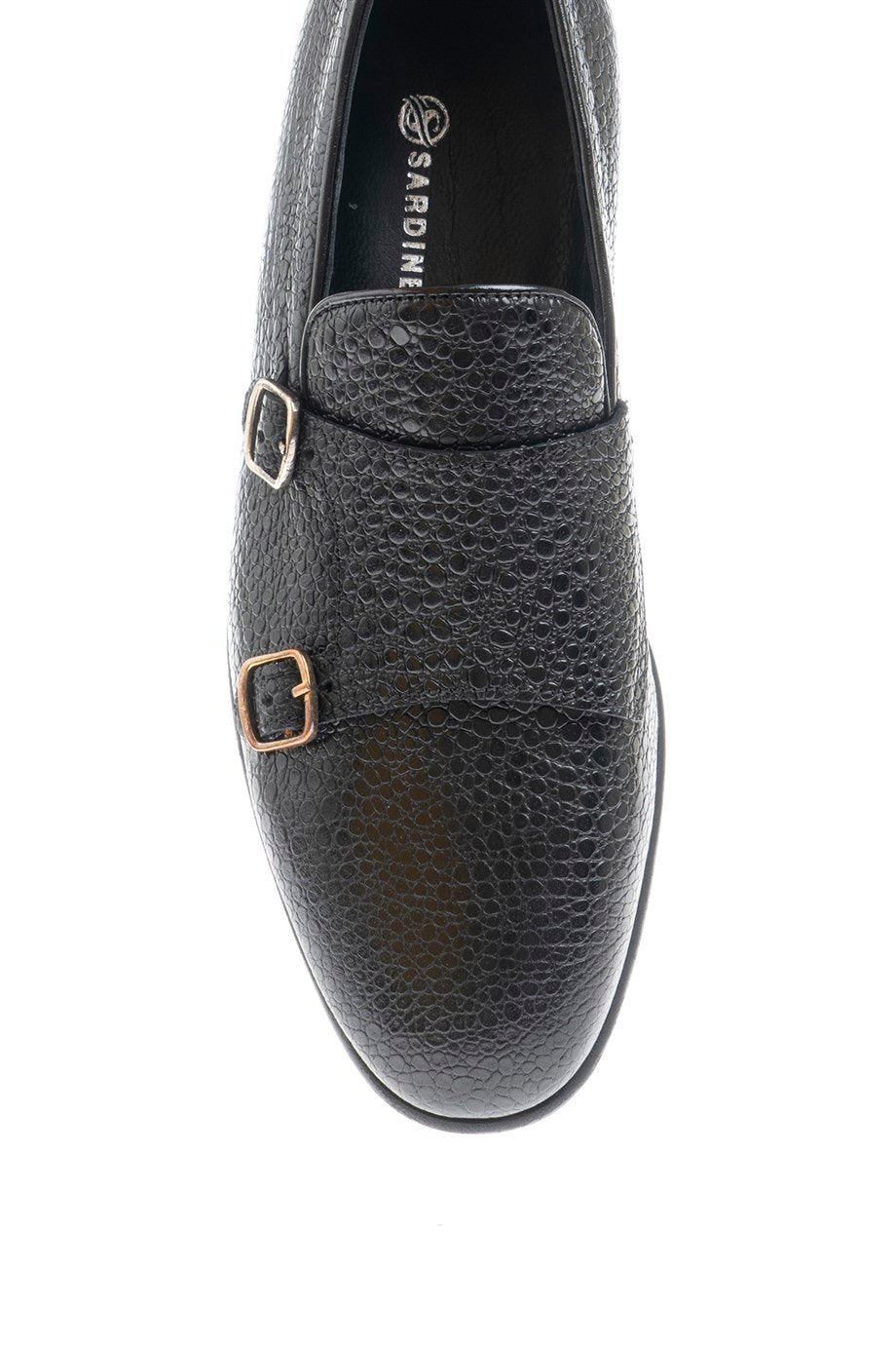 Black Textured Leather Double Monk Strap Loafers