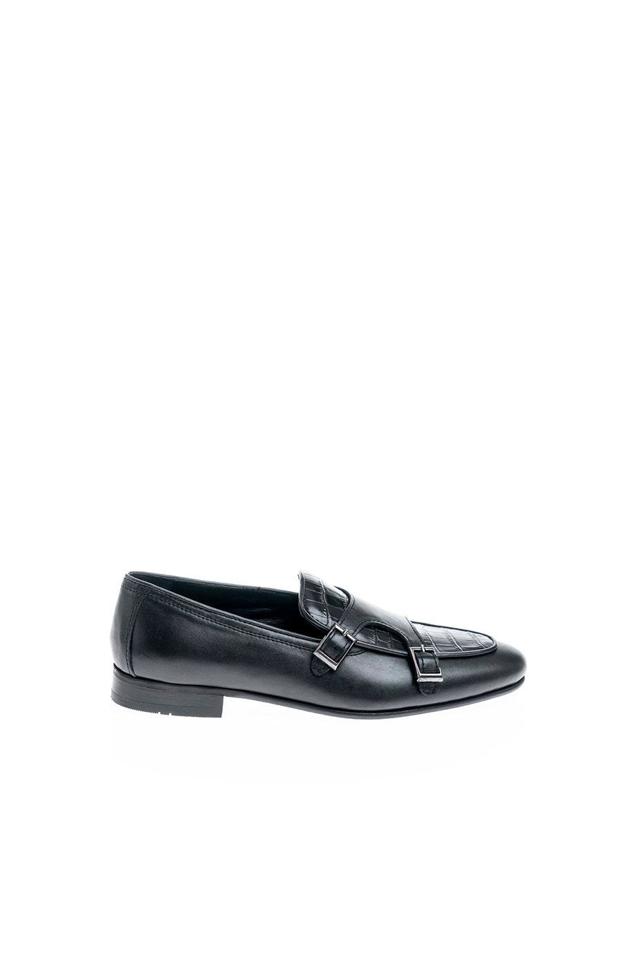 Black Leather Double Monk Strap Loafers