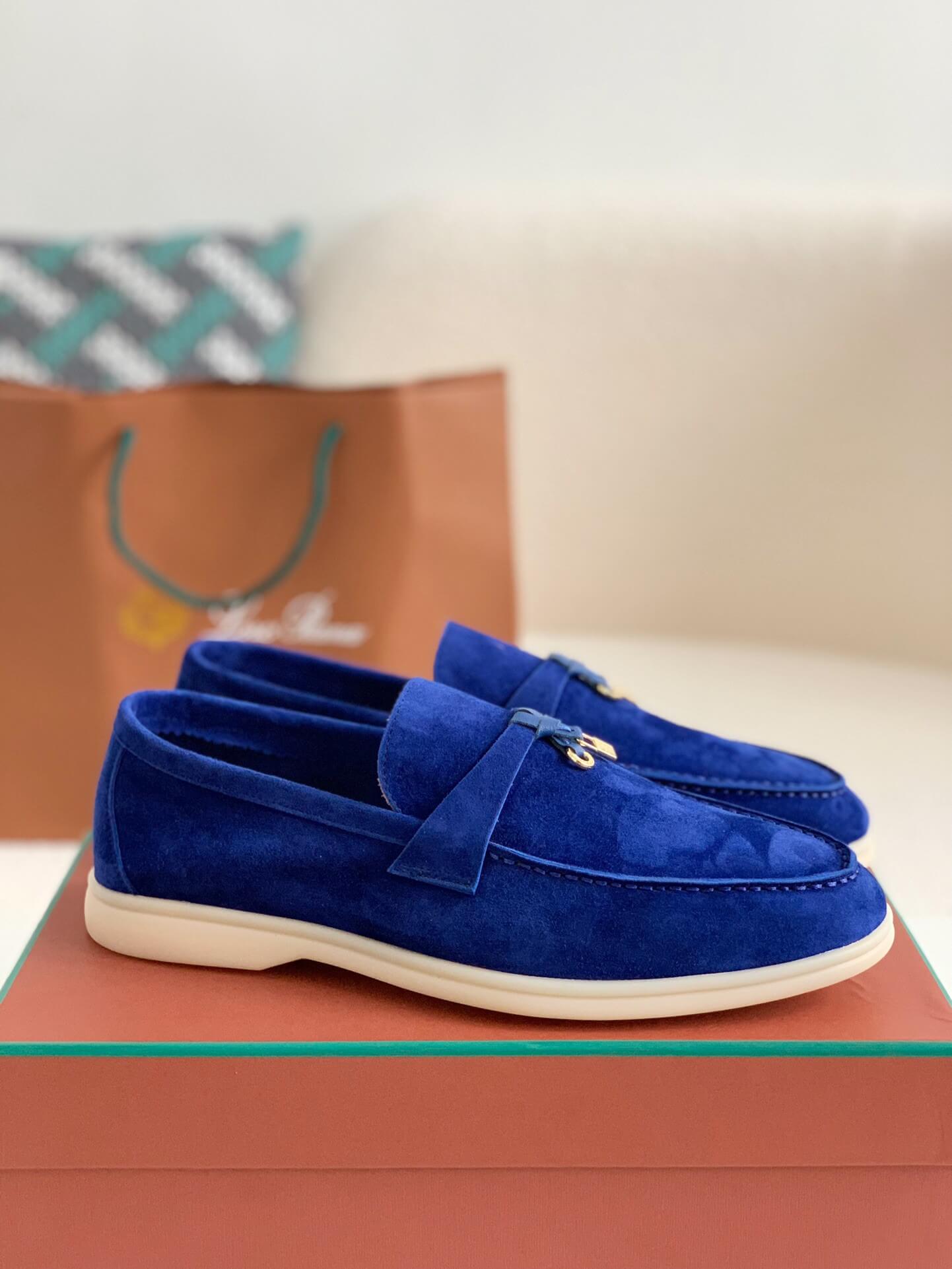 Loro Piana Summer Charms Walk Suede Blue Moccasins