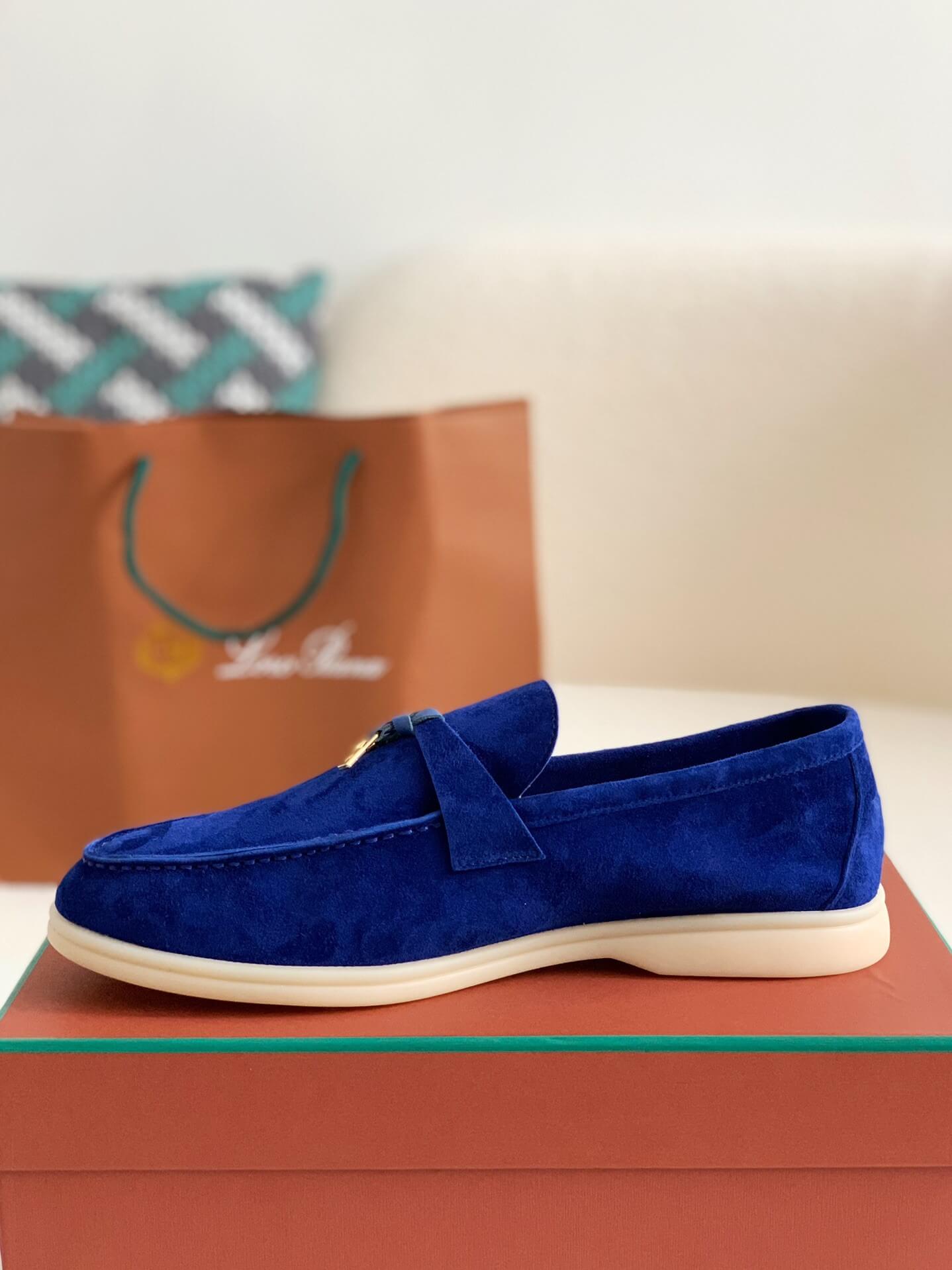 Loro Piana Summer Charms Walk Suede Blue Moccasins