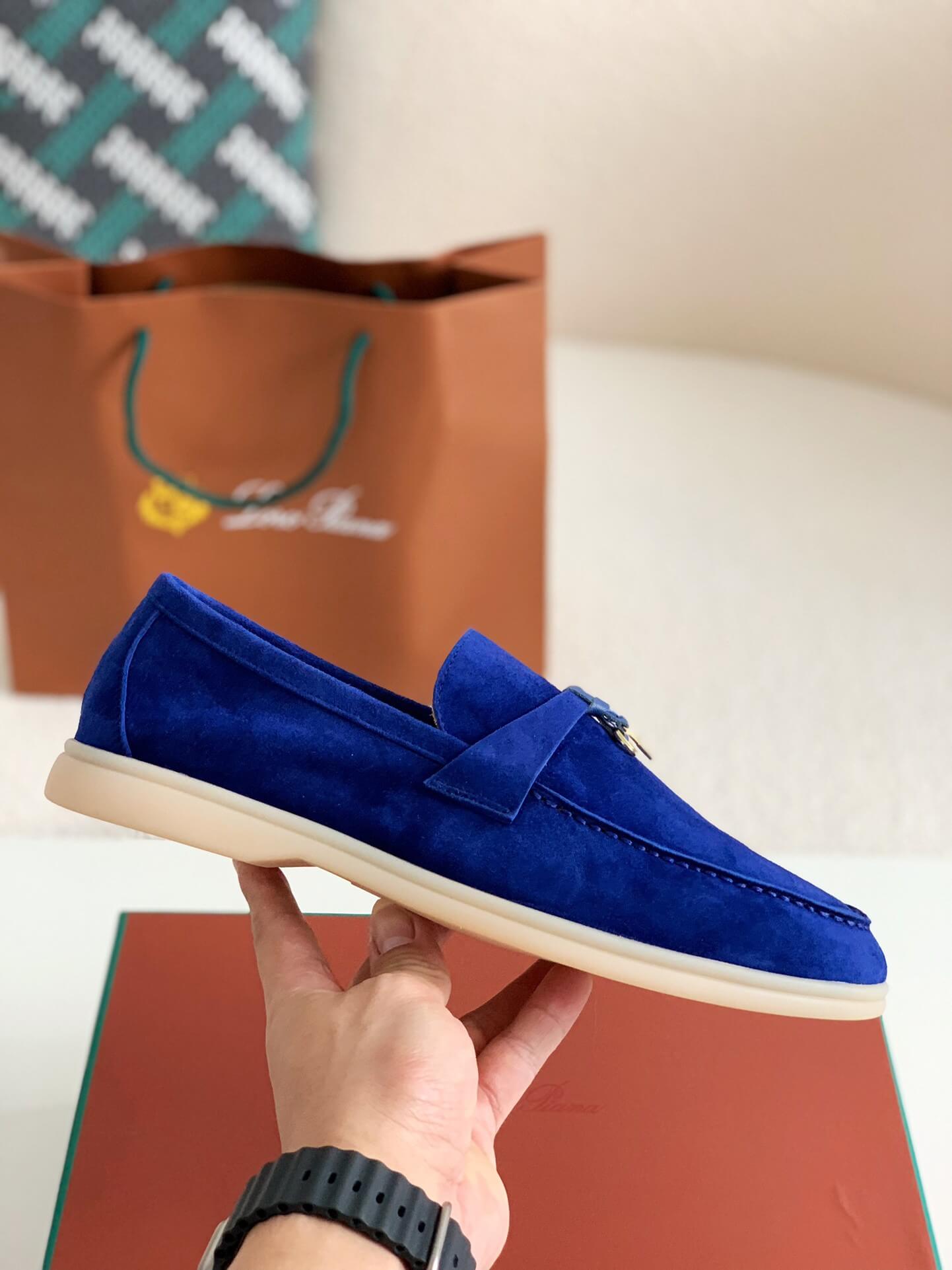 Loro Piana Summer Charms Walk Suede Blue Moccasins