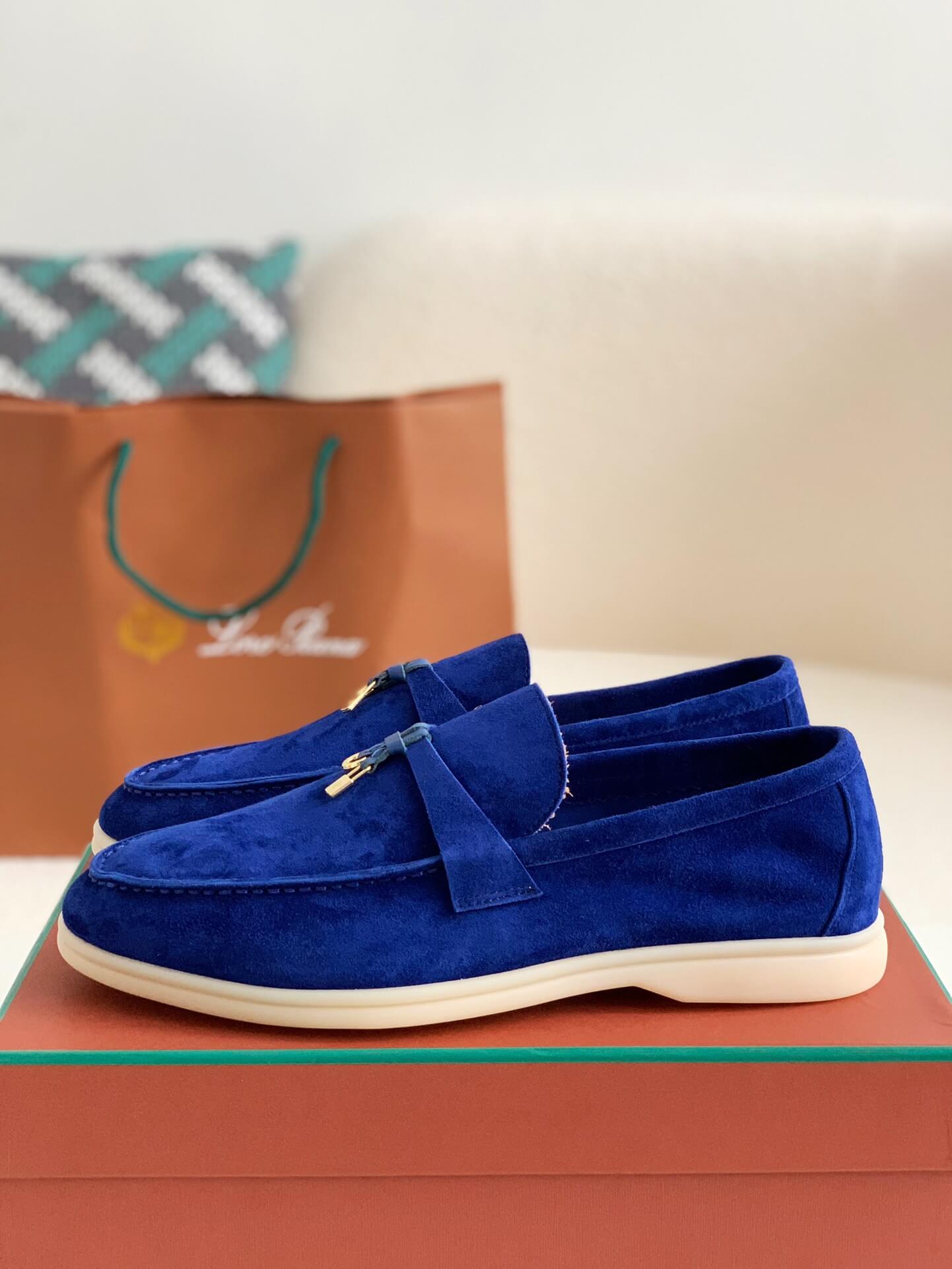 Loro Piana Summer Charms Walk Suede Blue Moccasins