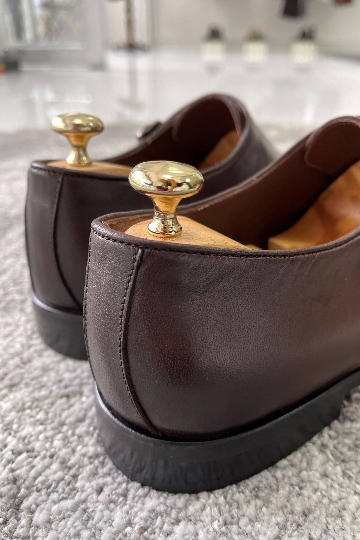 Brown Calfskin Leather Double Monk Strap Shoes with Brogue Detailing