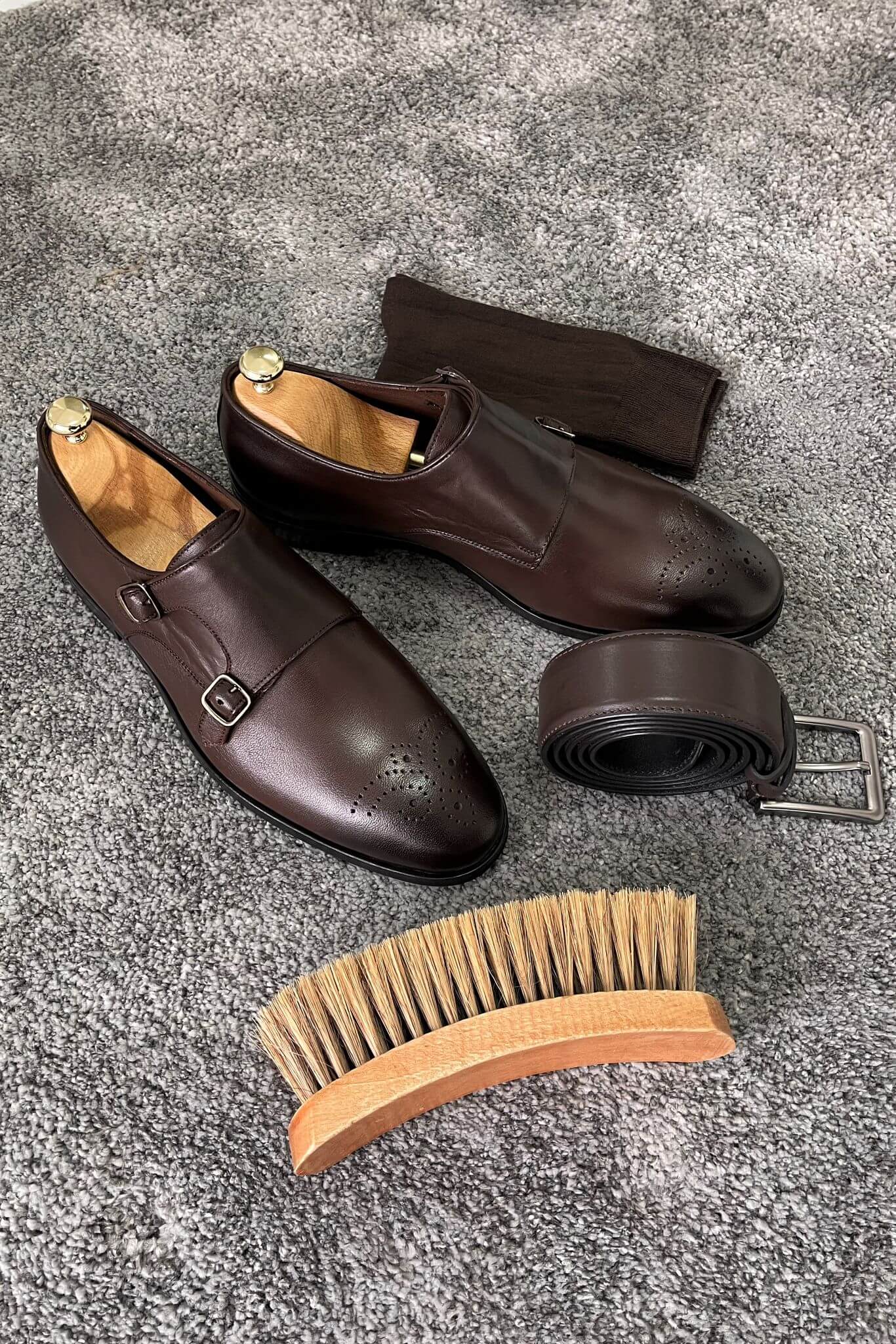 Brown Calfskin Leather Double Monk Strap Shoes with Brogue Detailing