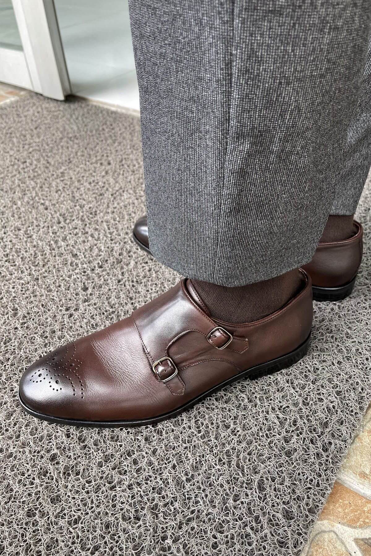 Brown Calfskin Leather Double Monk Strap Shoes with Brogue Detailing