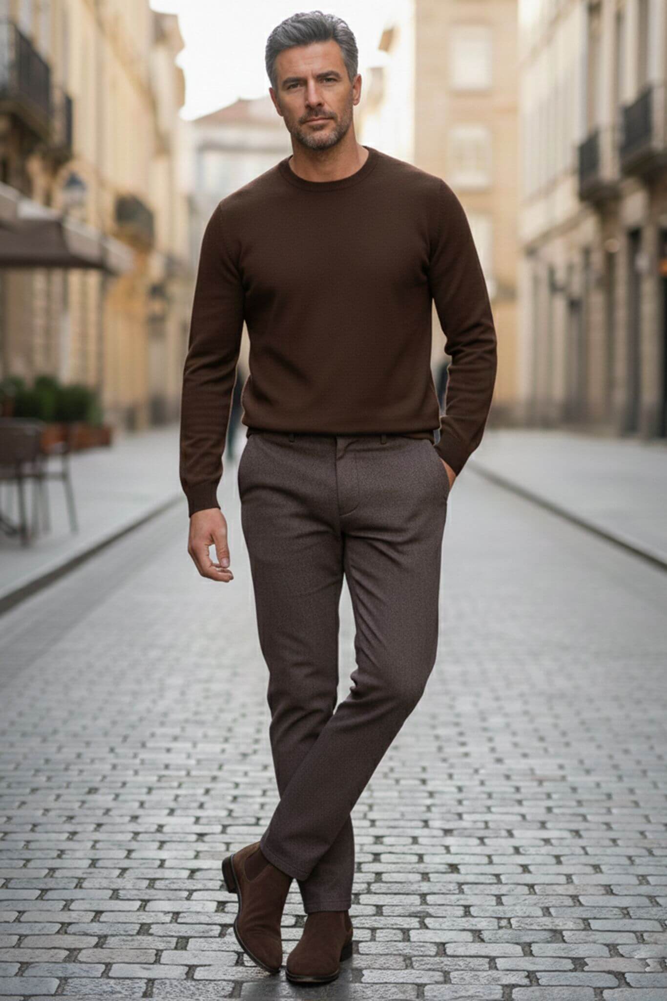 Brown Slim-Fit Textured Cotton Blend Trousers