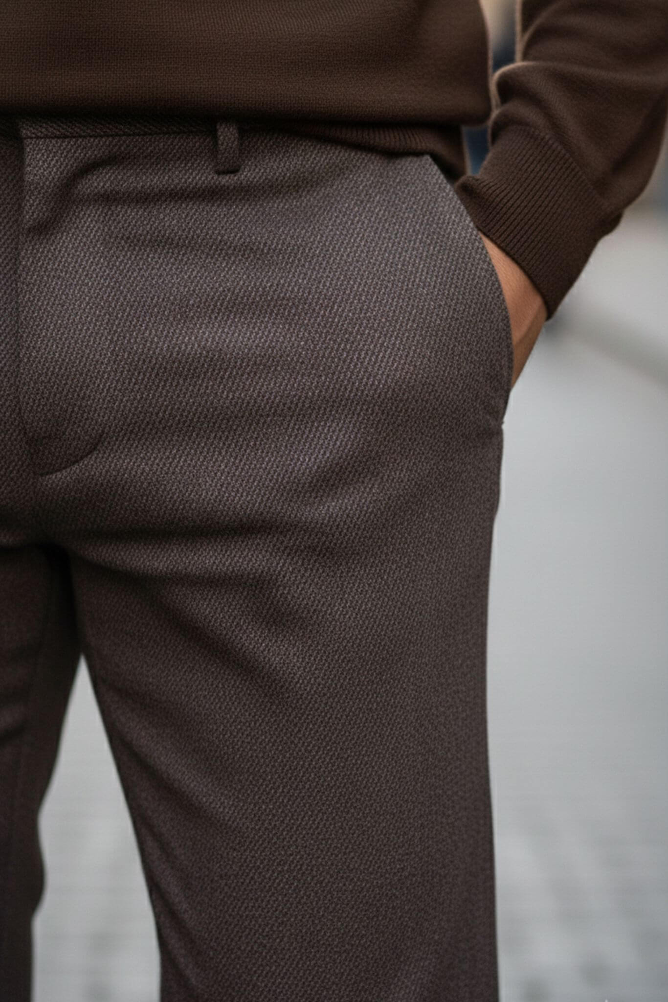 Brown Slim-Fit Textured Cotton Blend Trousers