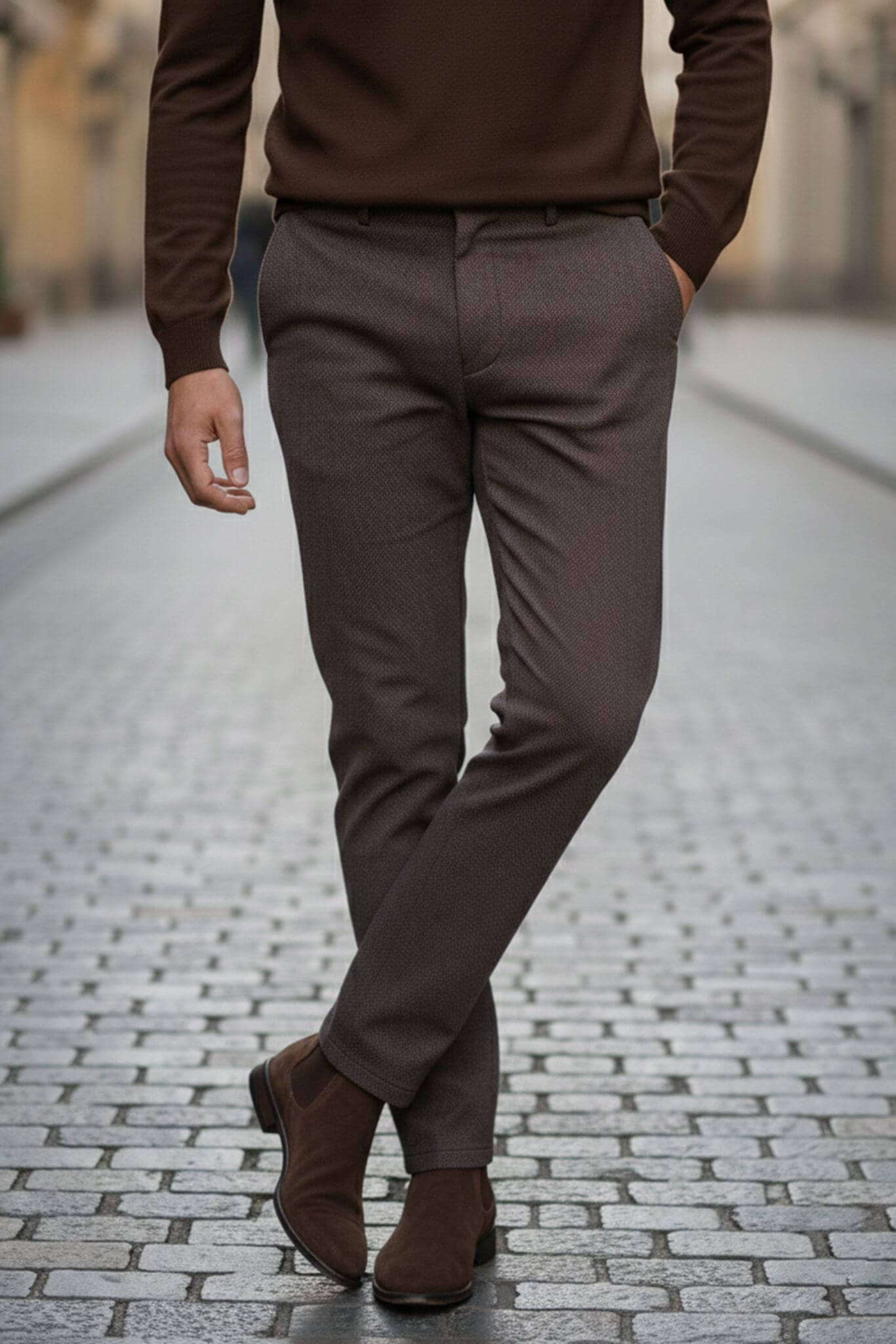 Brown Slim-Fit Textured Cotton Blend Trousers