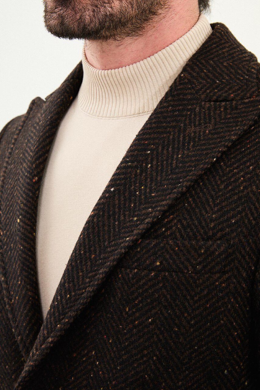 Brown Herringbone Wool Blend Overcoat
