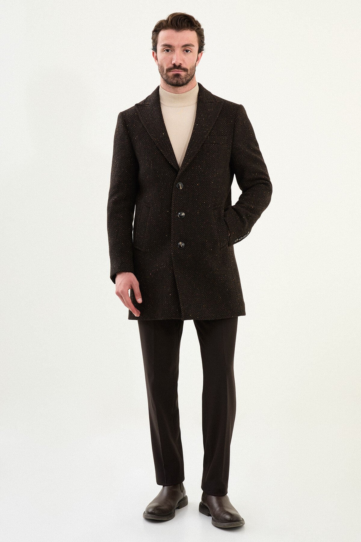 Brown Herringbone Wool Blend Overcoat