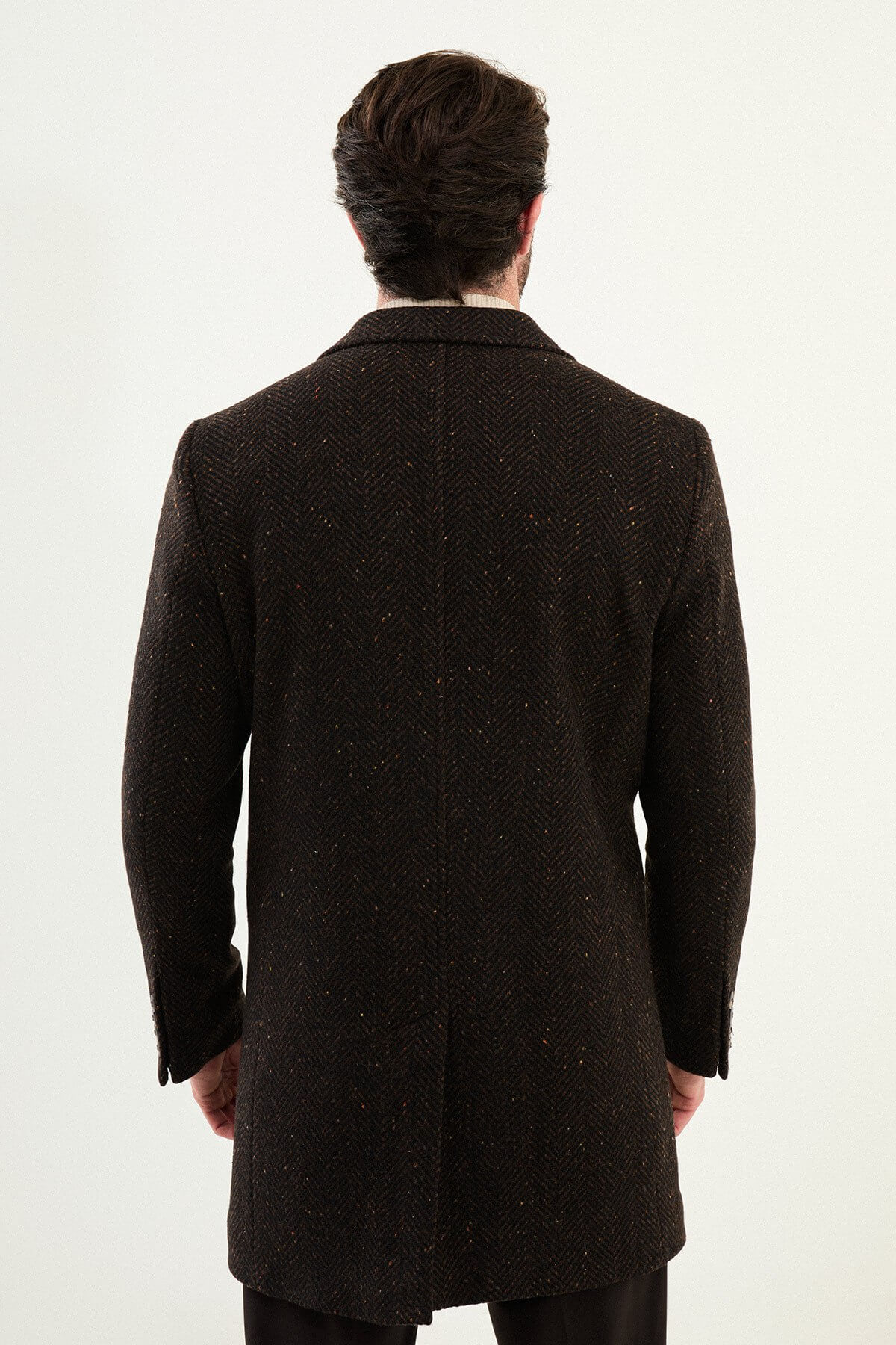 Brown Herringbone Wool Blend Overcoat