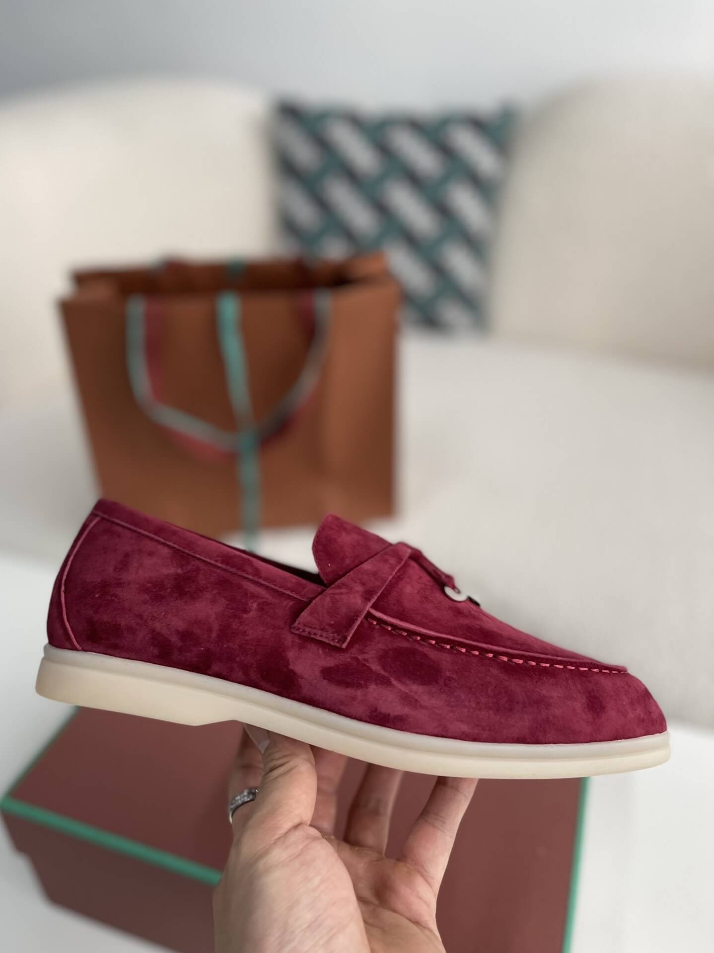 Loro Piana Summer Charms Walk Burgundy Suede Moccasins