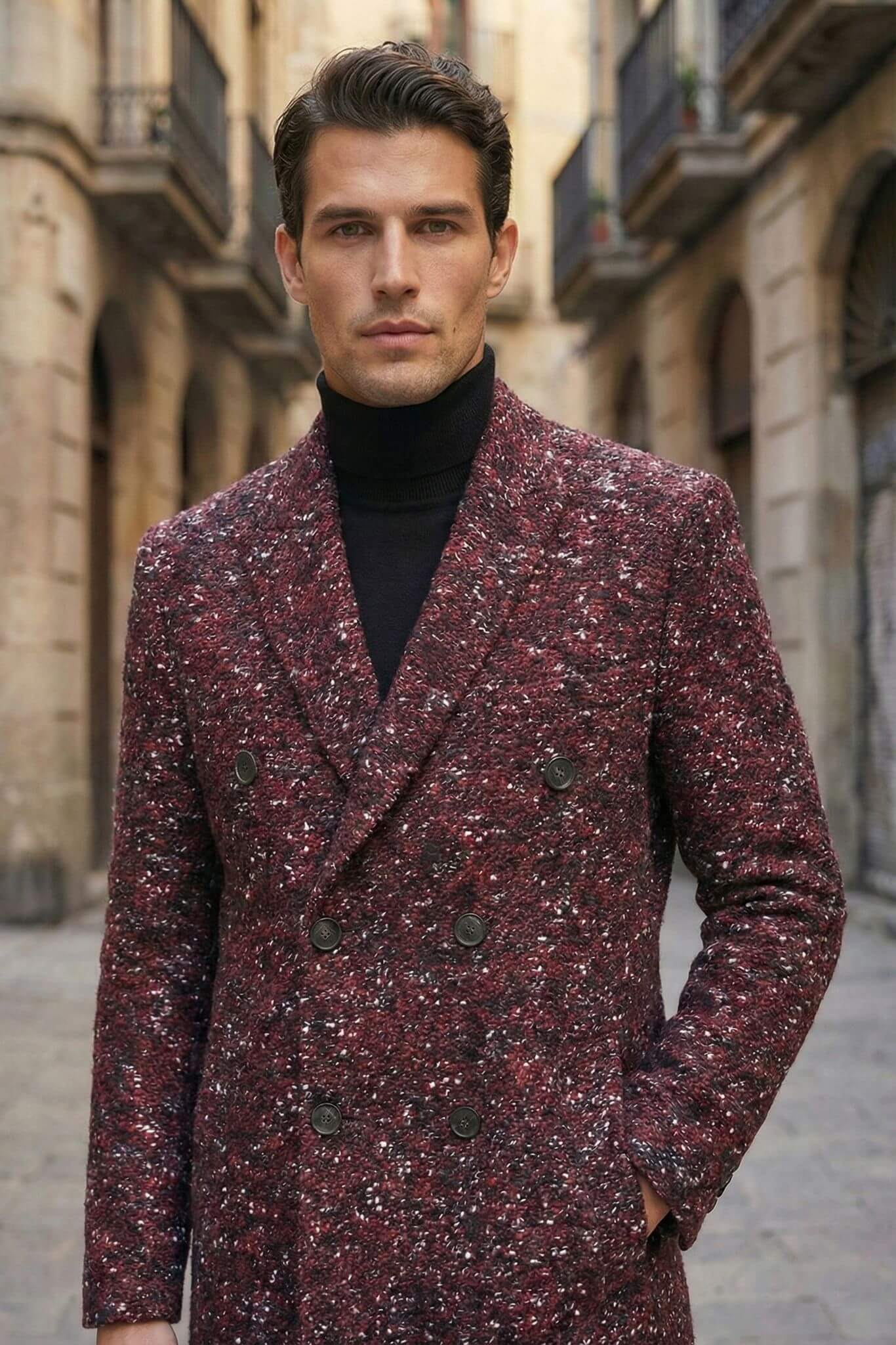 Man wearing a Slim-fit Double-Breasted Flecked Overcoat in Claret-red in an urban setting