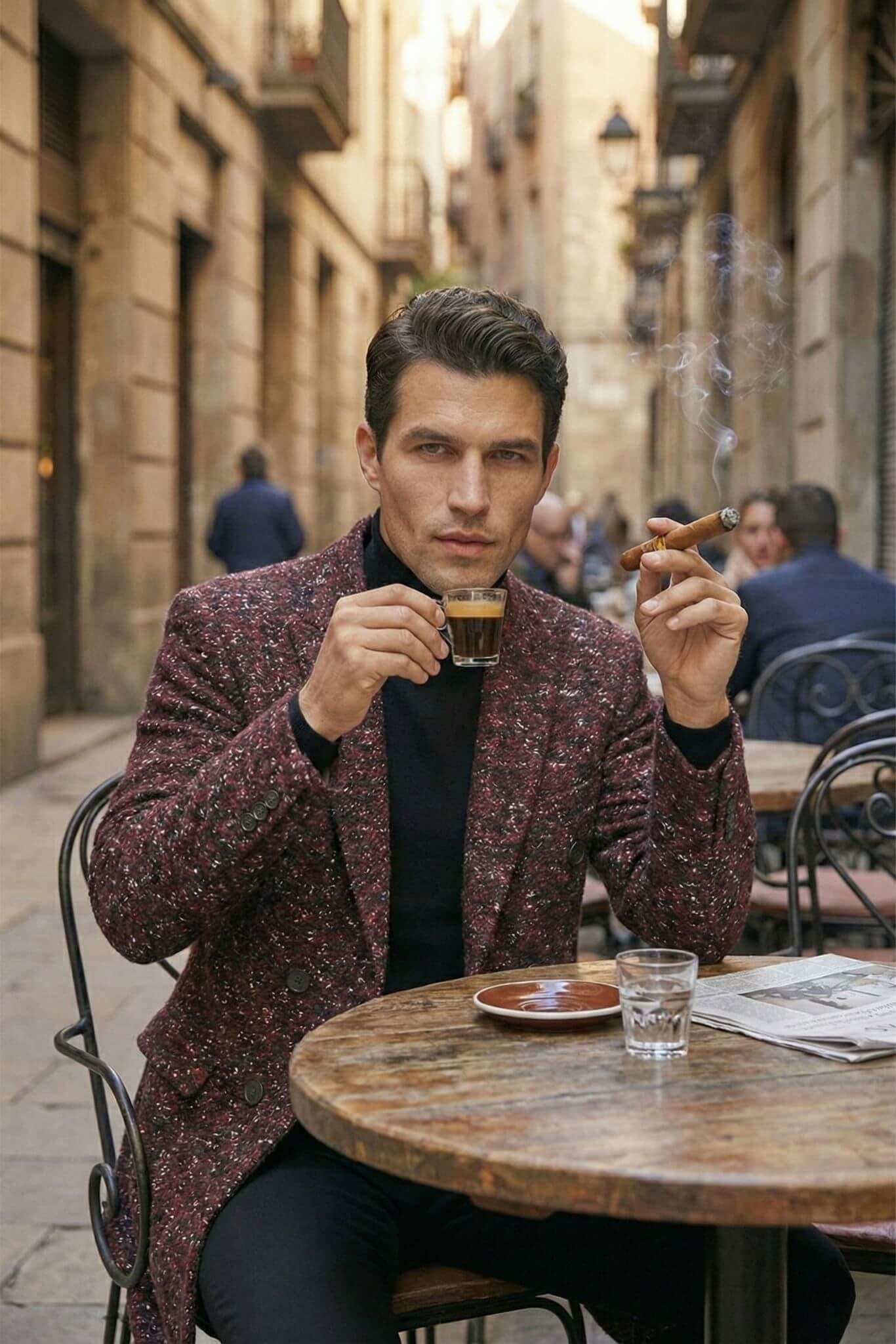 Man in a Slim-fit Double-Breasted Flecked Overcoat in Claret-red drinking coffee and smoking a cigar in an urban setting.