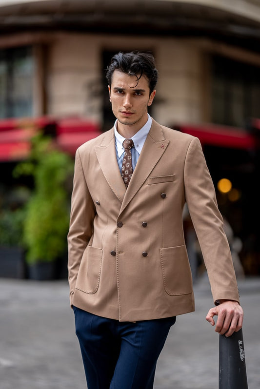 Men’s Camel Double-Breasted Suit Jacket