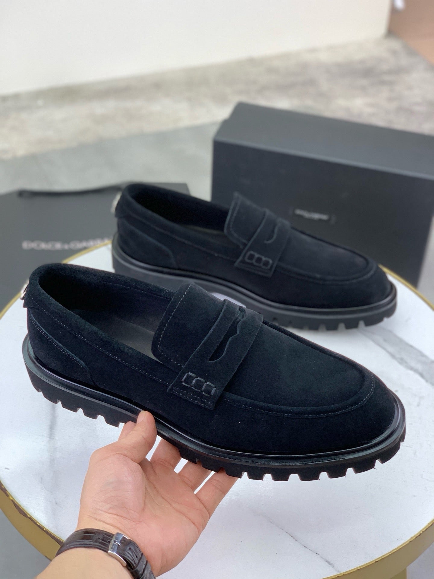 Dolce & Gabbana Altavilla Black Suede Lug-Sole Penny Loafers