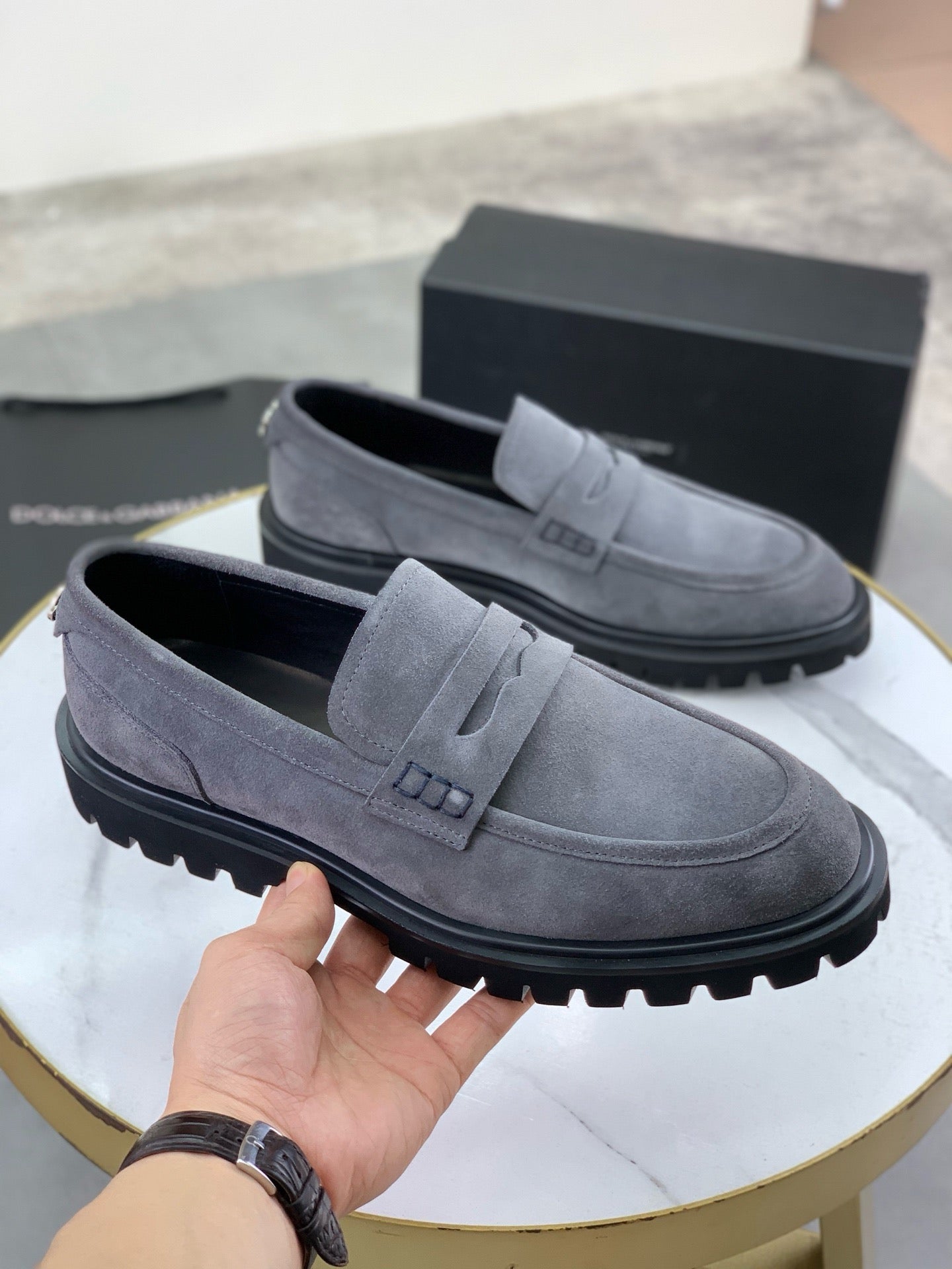 Dolce & Gabbana Altavilla Grey Suede Lug-Sole Penny Loafers