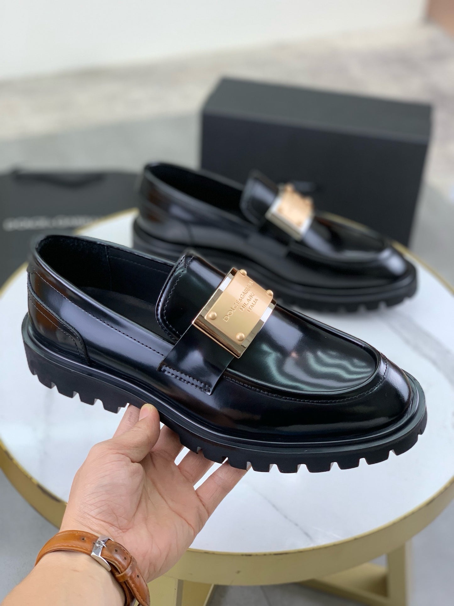 Dolce & Gabbana Bernini Black Calf Leather Logo Plaque Loafers