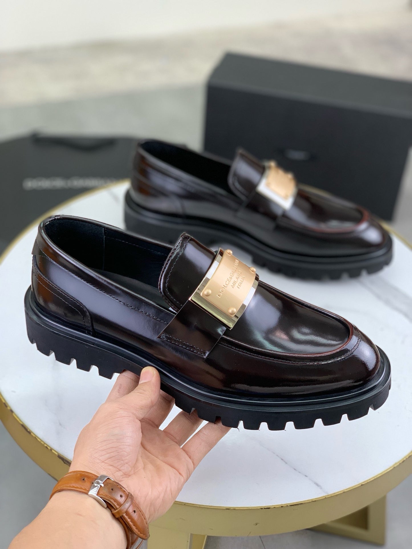 Dolce & Gabbana Bernini Burgundy Calf Leather Logo Plaque Loafers