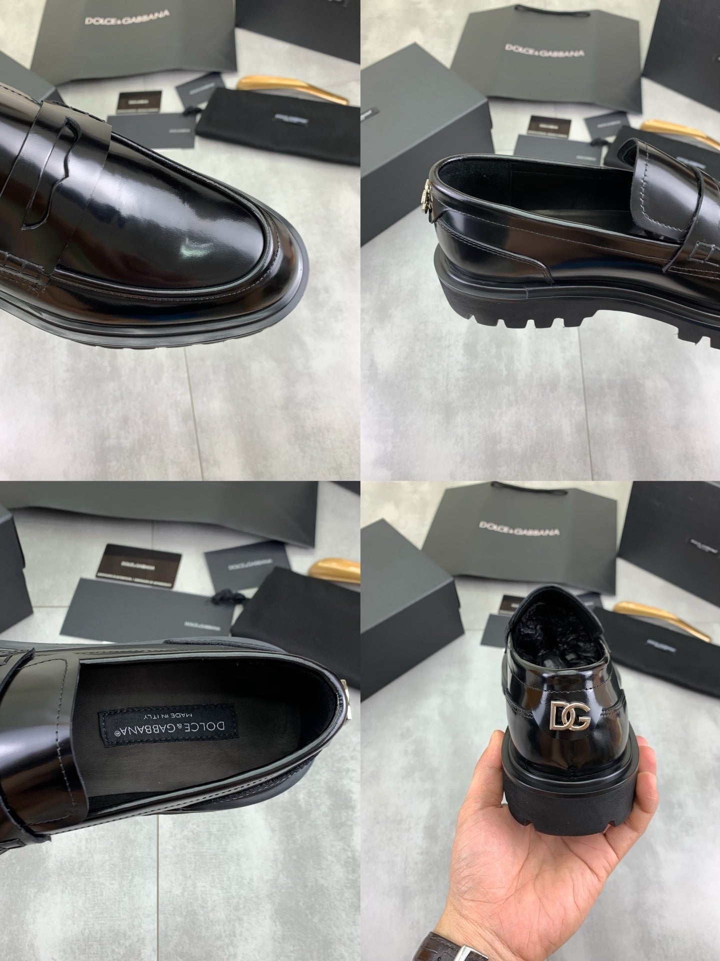 Dolce & Gabbana Black Glossy Leather Lug-Sole Penny Loafers