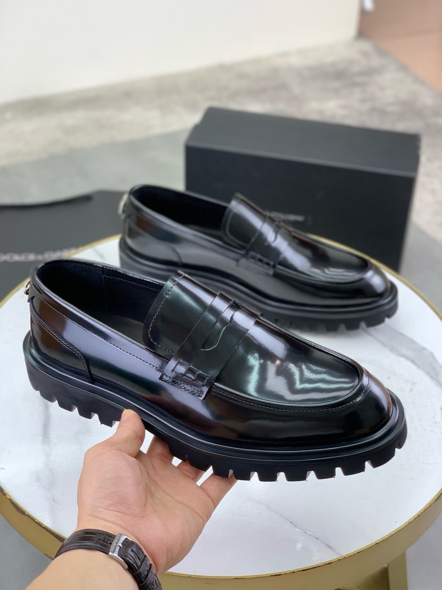Dolce & Gabbana Black Glossy Leather Lug-Sole Penny Loafers