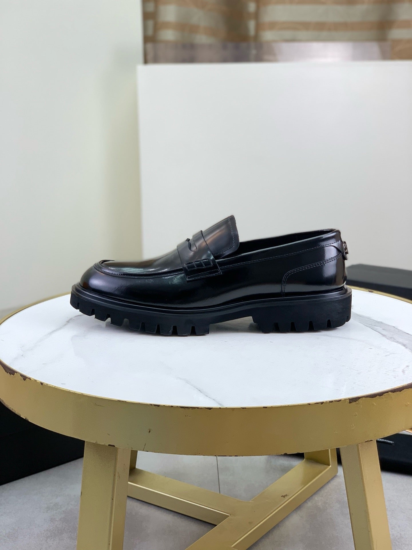 Dolce & Gabbana Black Glossy Leather Lug-Sole Penny Loafers