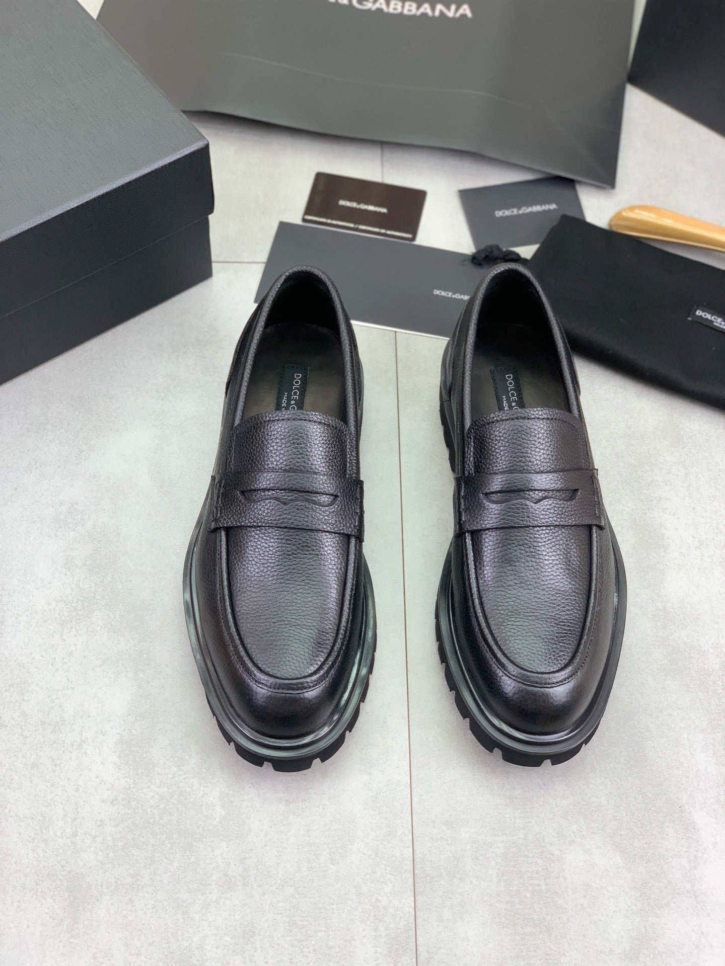 Dolce & Gabbana Black Grained Leather Lug-Sole Penny Loafers
