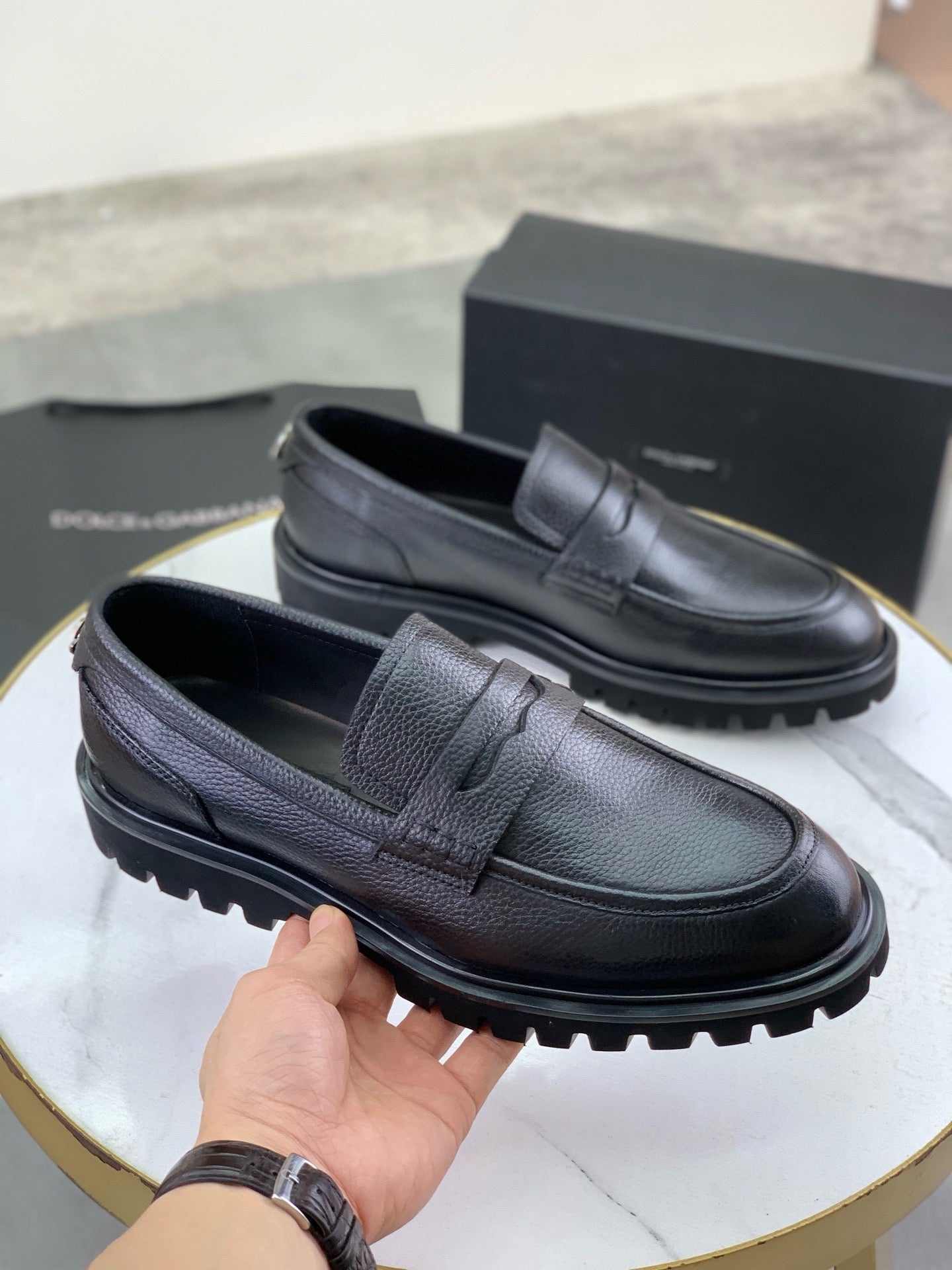 Dolce & Gabbana Black Grained Leather Lug-Sole Penny Loafers