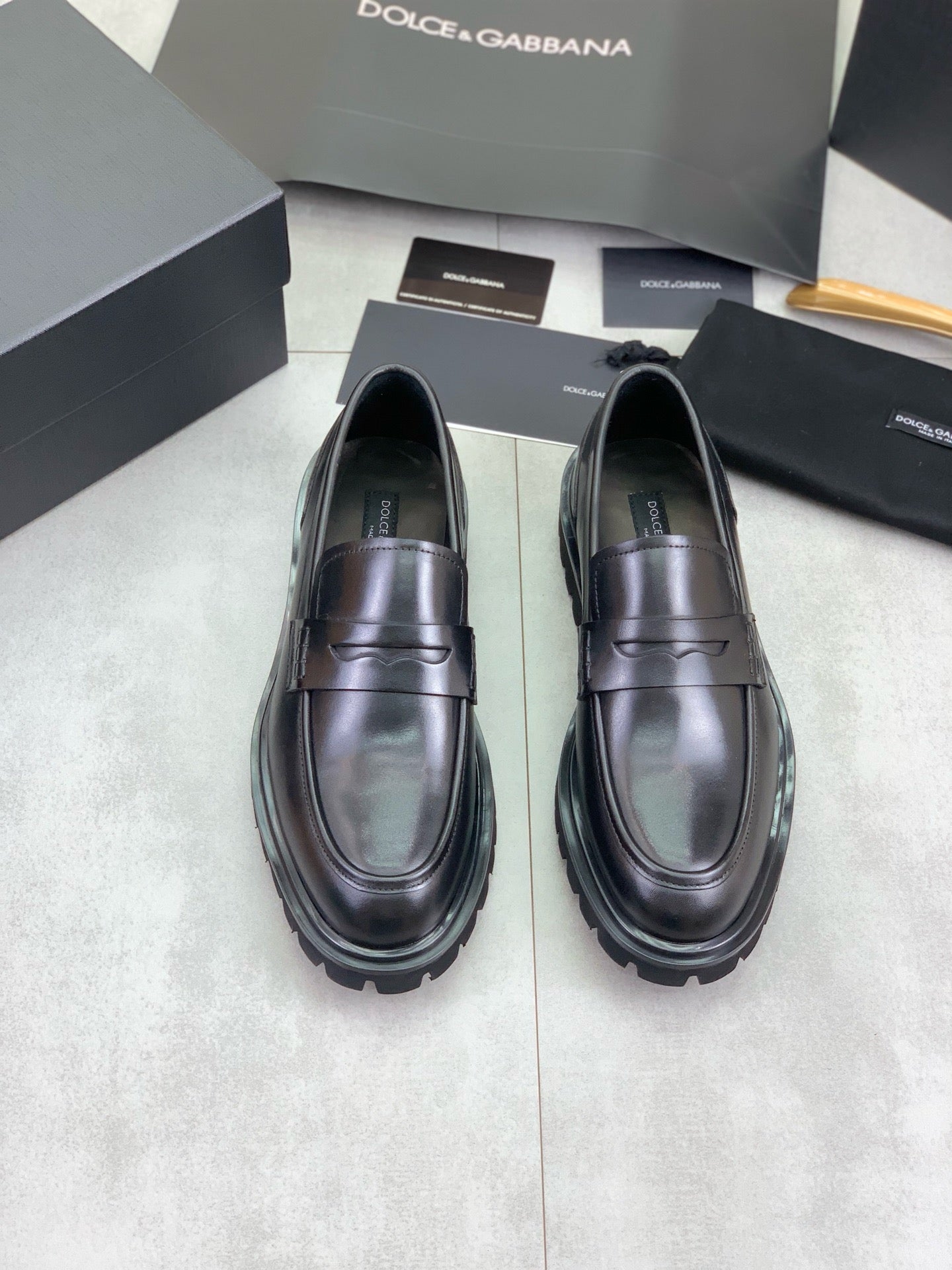 Dolce & Gabbana Black Leather Lug-Sole Penny Loafers