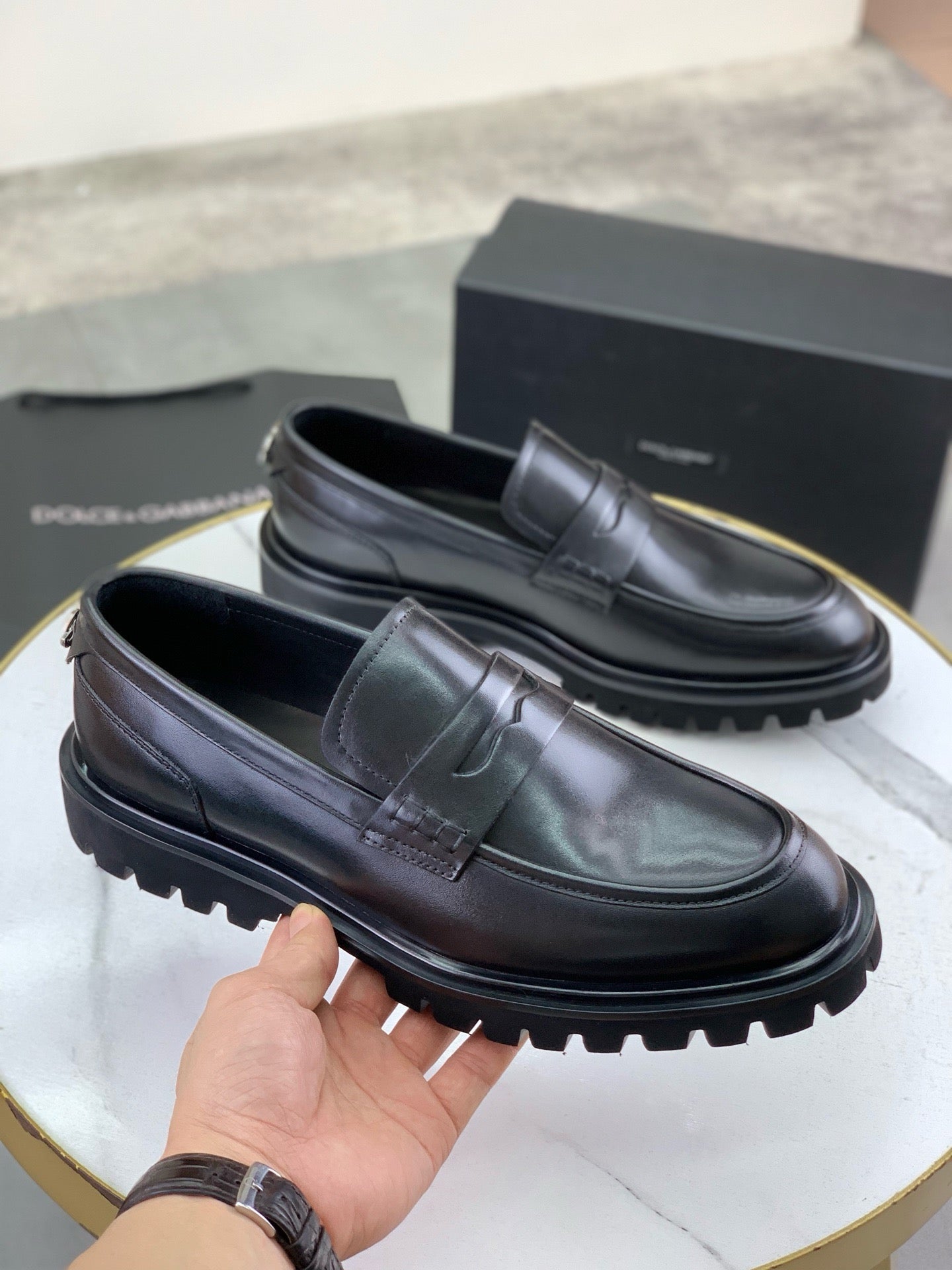 Dolce & Gabbana Black Leather Lug-Sole Penny Loafers