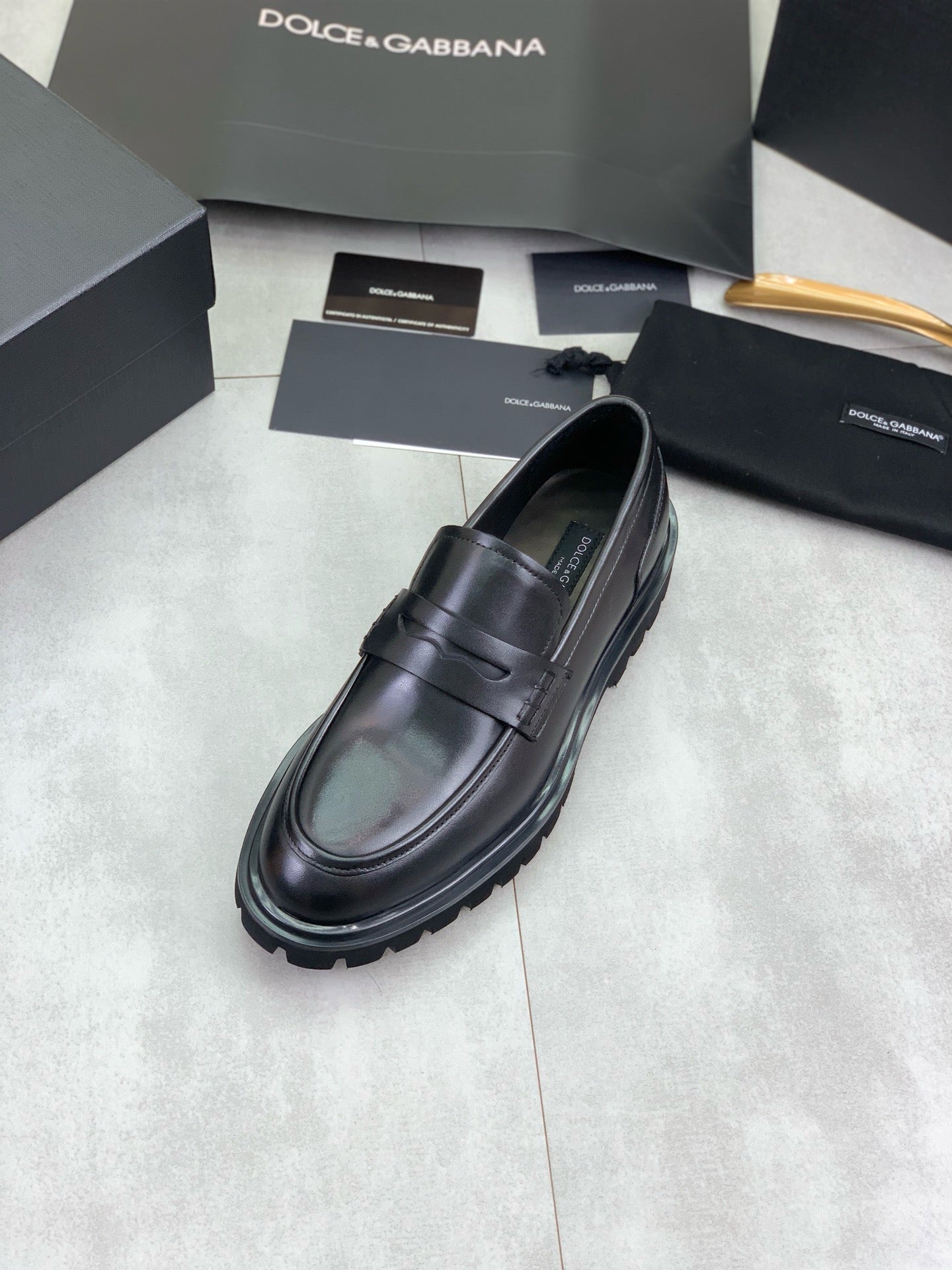 Dolce & Gabbana Black Leather Lug-Sole Penny Loafers