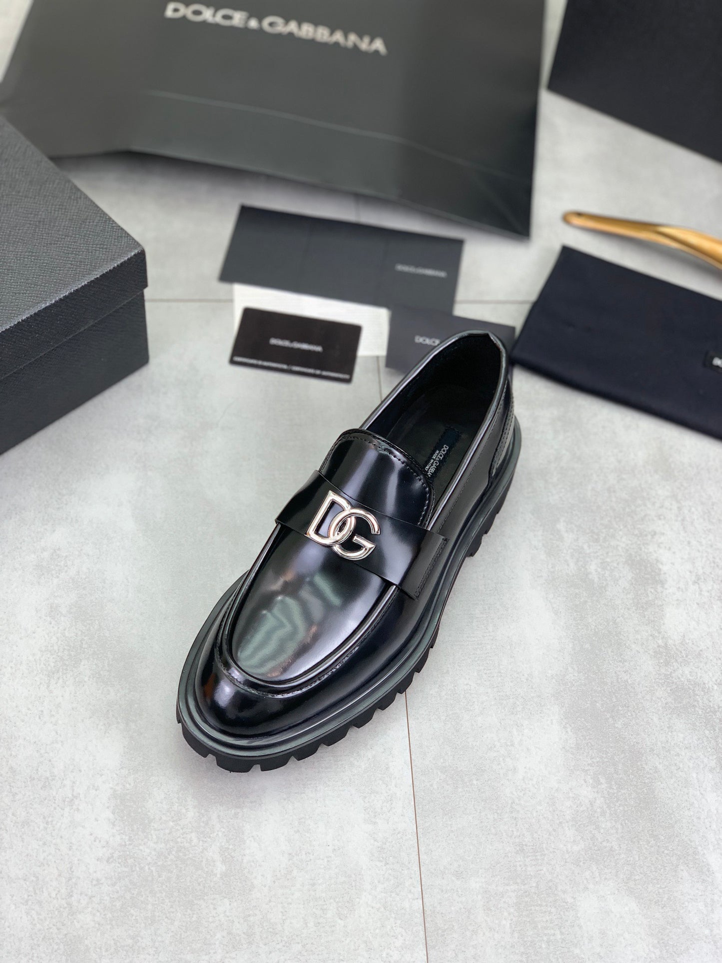 Dolce & Gabbana Black Polished Leather DG Logo Loafers