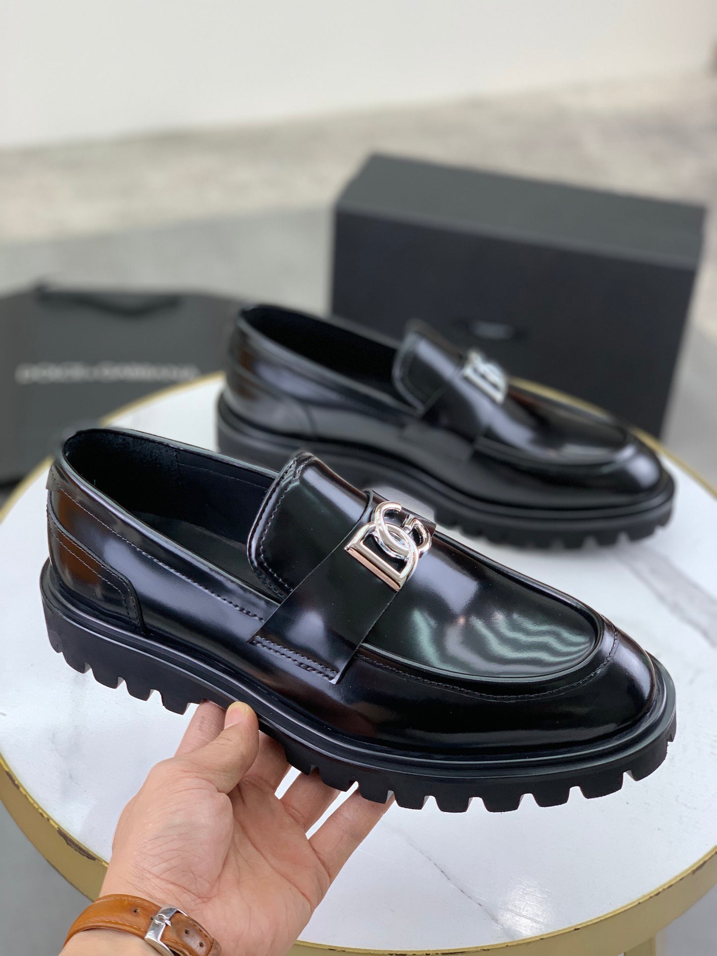 Dolce & Gabbana Black Polished Leather DG Logo Loafers